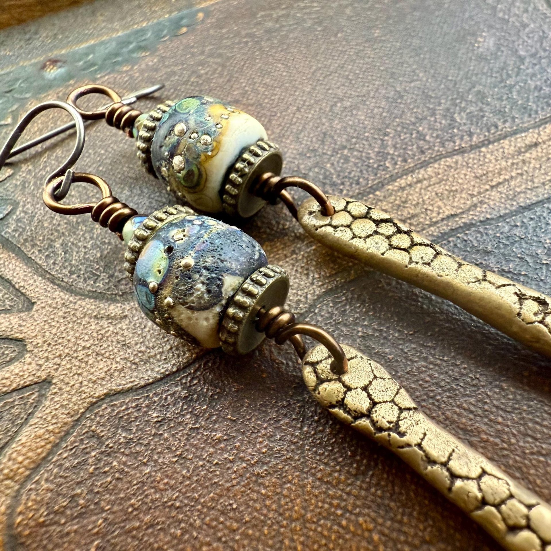 Bronze Dagger Earrings, Lampwork Raku Beads, Coral Textures, Hypoallergenic Ear Wires, Rustic Earthy, Art Jewelry, Long Skinny Earrings