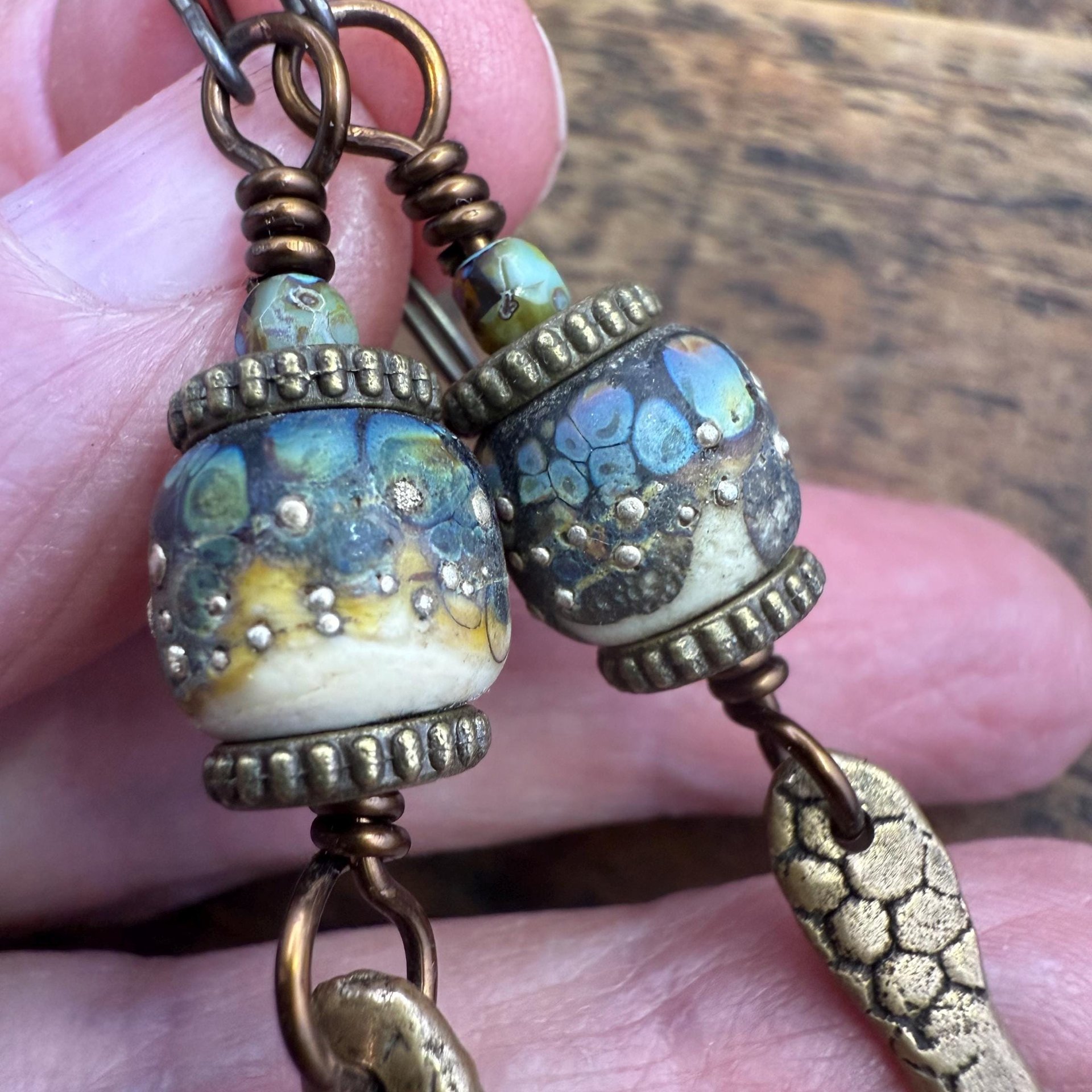 Bronze Dagger Earrings, Lampwork Raku Beads, Coral Textures, Hypoallergenic Ear Wires, Rustic Earthy, Art Jewelry, Long Skinny Earrings