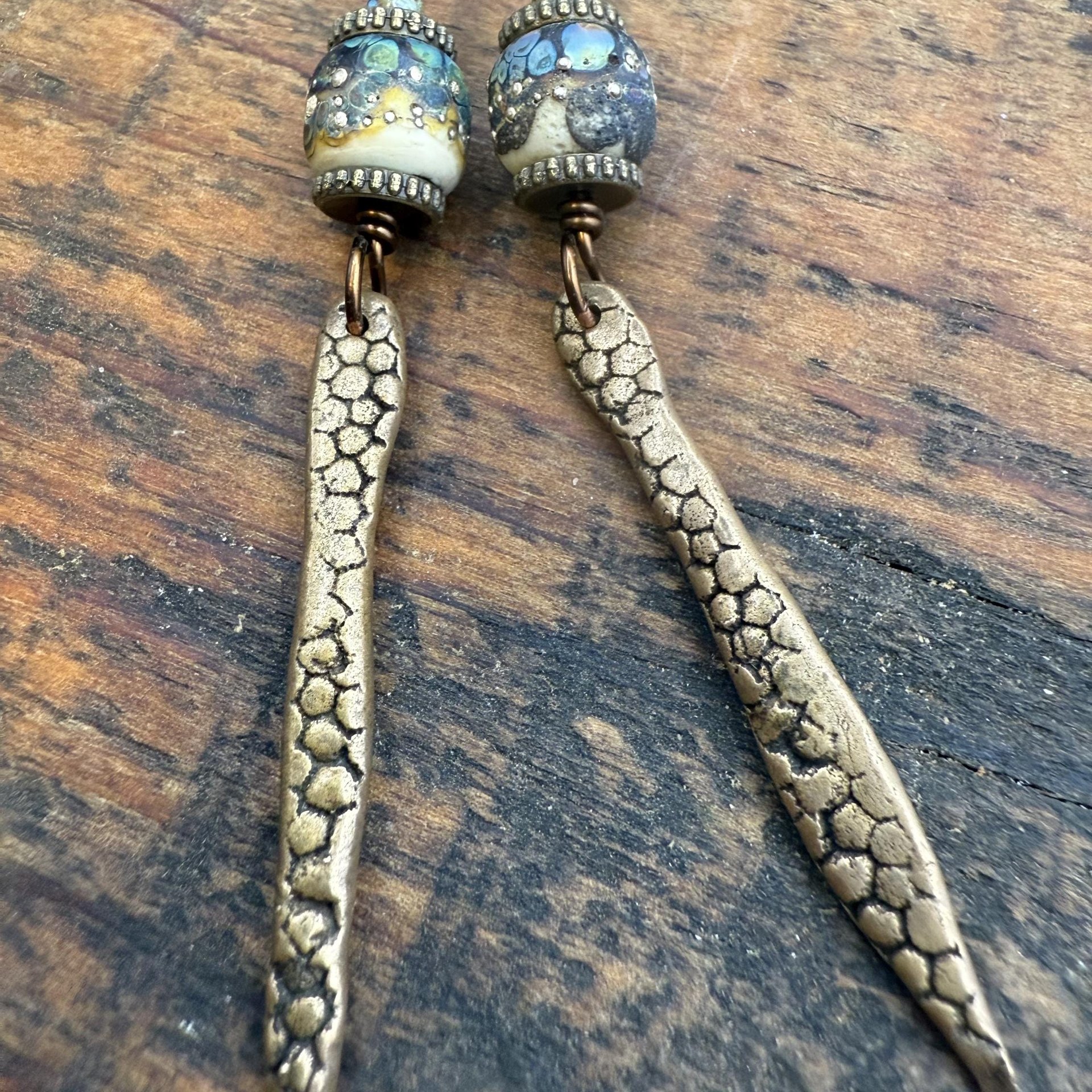 Bronze Dagger Earrings, Lampwork Raku Beads, Coral Textures, Hypoallergenic Ear Wires, Rustic Earthy, Art Jewelry, Long Skinny Earrings