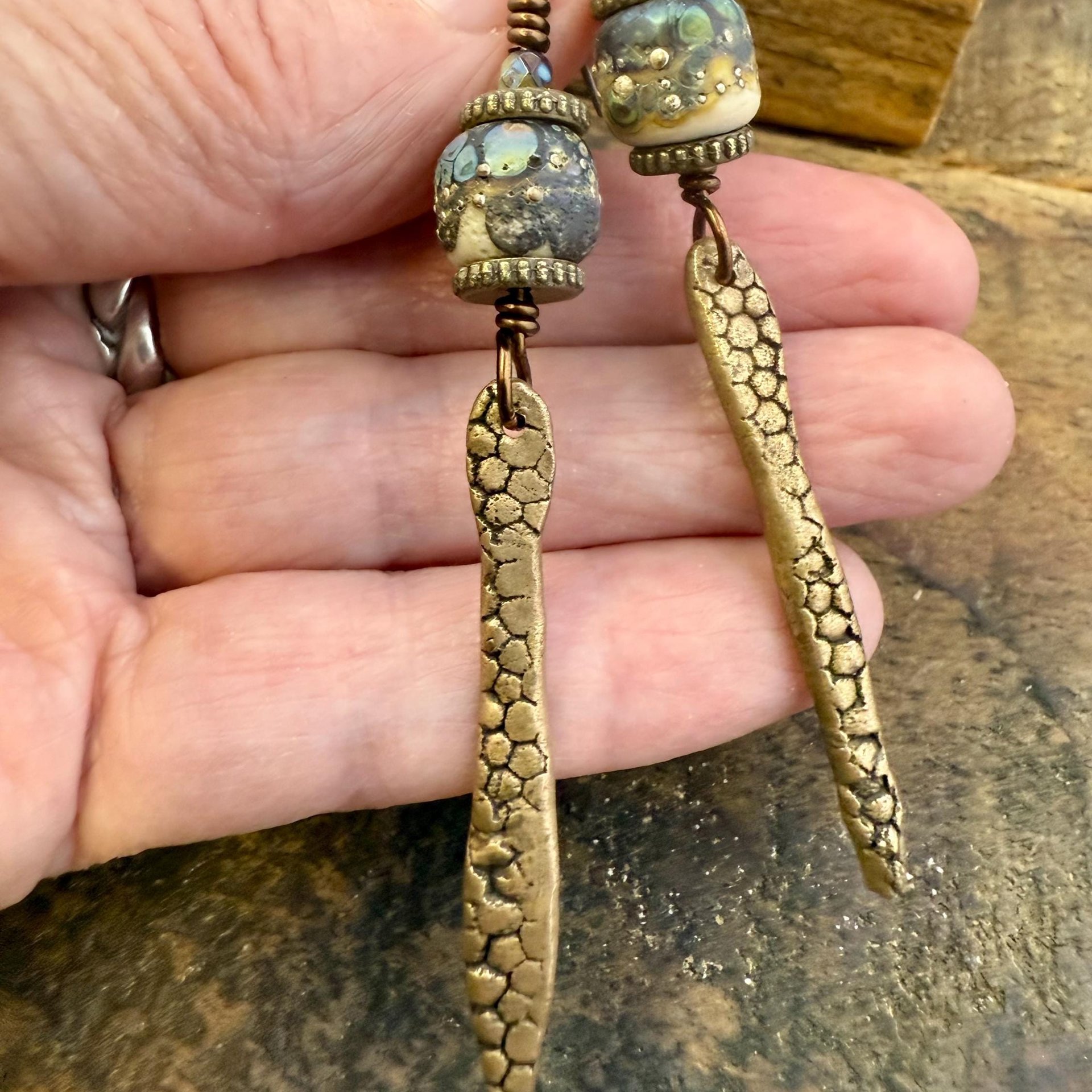 Bronze Dagger Earrings, Lampwork Raku Beads, Coral Textures, Hypoallergenic Ear Wires, Rustic Earthy, Art Jewelry, Long Skinny Earrings