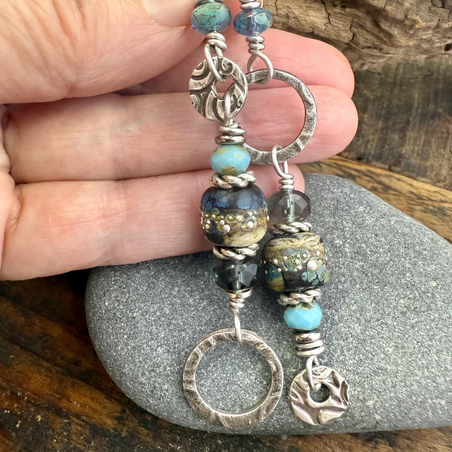 Hoop Sterling Silver Earrings, Raku Lampwork Beads, Hypoallergenic Ear Wires, Long Statement Earrings, Earthy Rustic, Mismatched Earrings