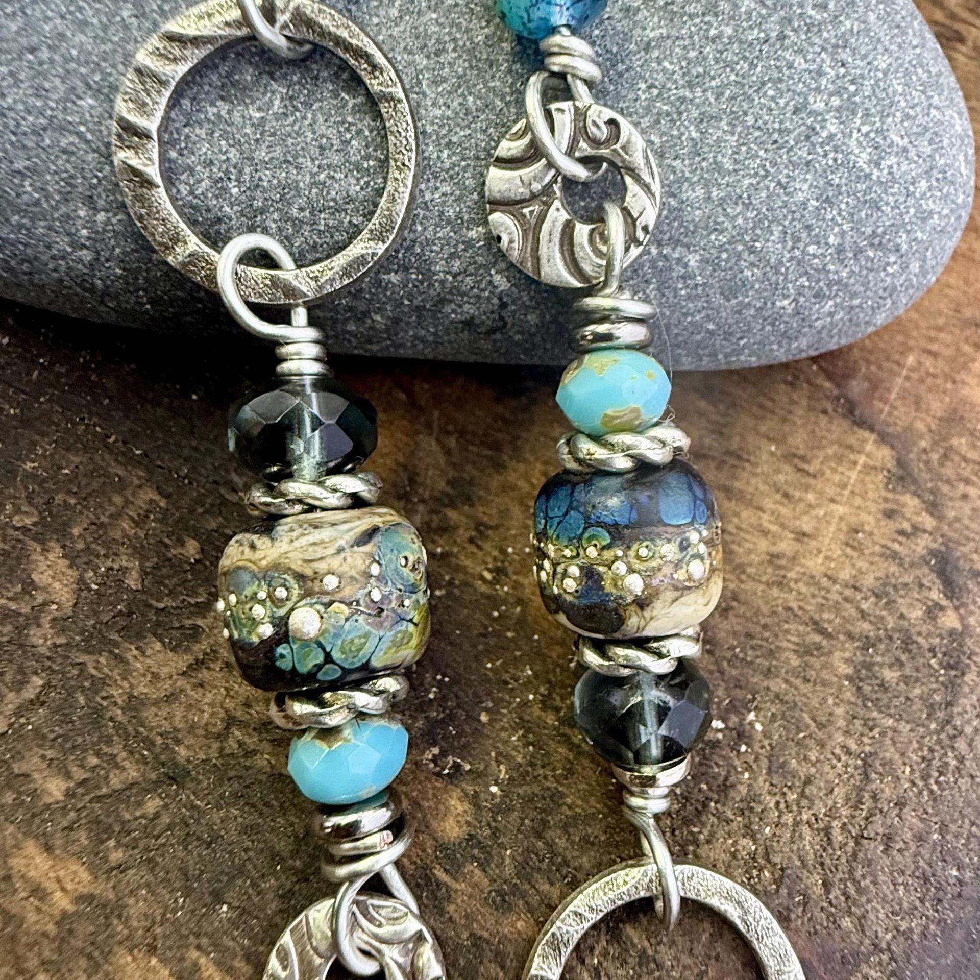 Hoop Sterling Silver Earrings, Raku Lampwork Beads, Hypoallergenic Ear Wires, Long Statement Earrings, Earthy Rustic, Mismatched Earrings