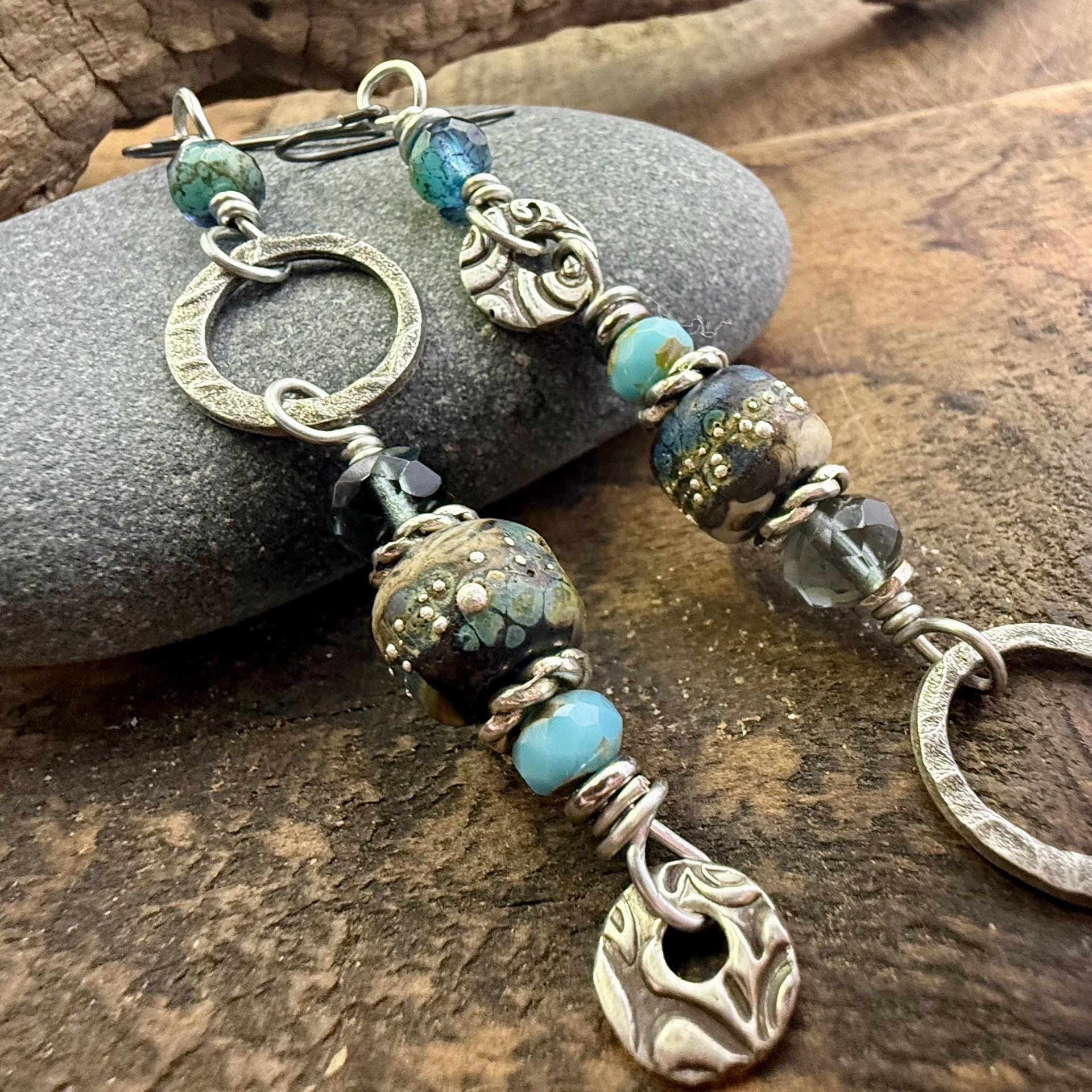 Hoop Sterling Silver Earrings, Raku Lampwork Beads, Hypoallergenic Ear Wires, Long Statement Earrings, Earthy Rustic, Mismatched Earrings