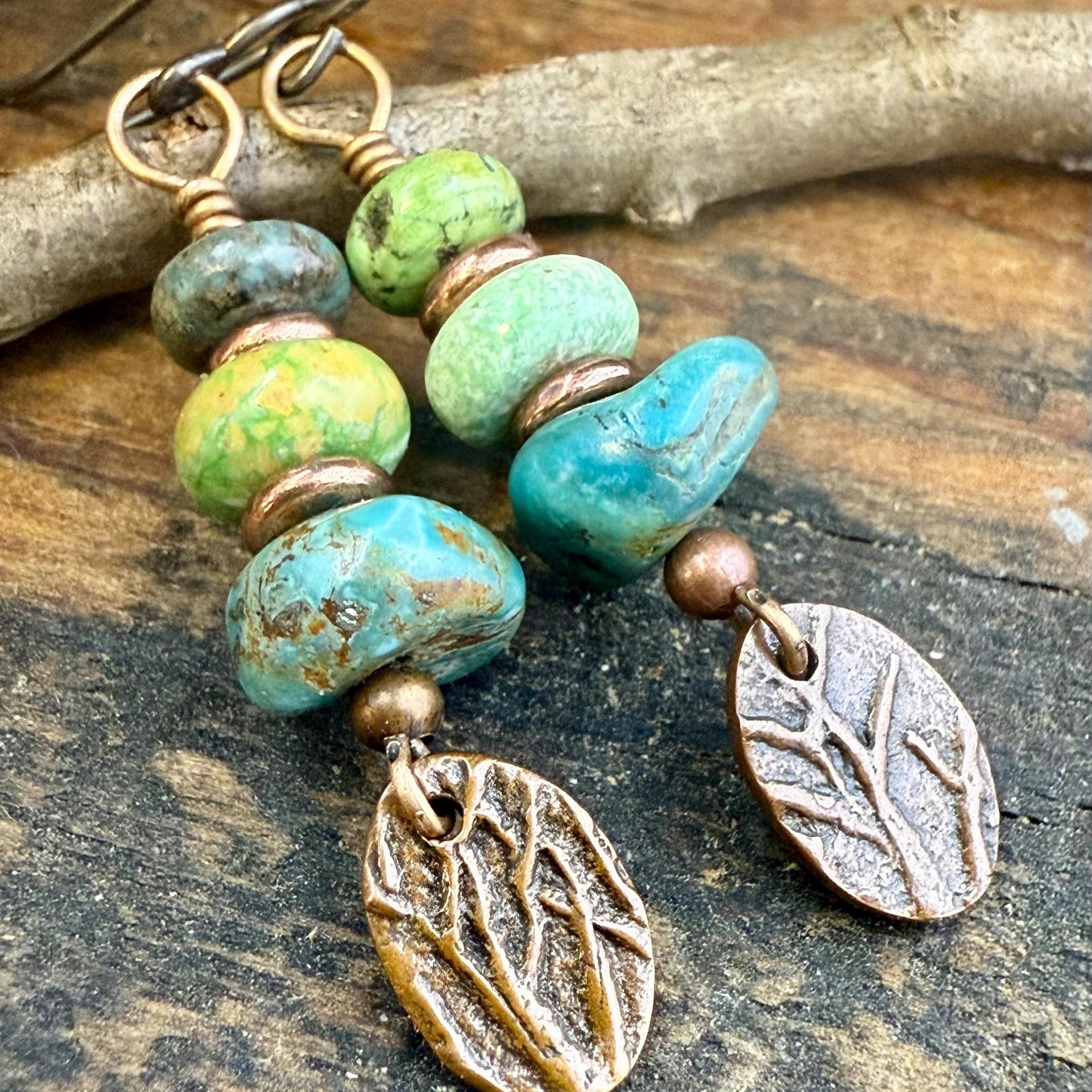 Copper Tree Branch Drop Earrings, Stacked Turquoise Beads, Cairn Stones, Summer Boho Style, Light Everyday, Hypoallergenic Ear Wires, Witchy