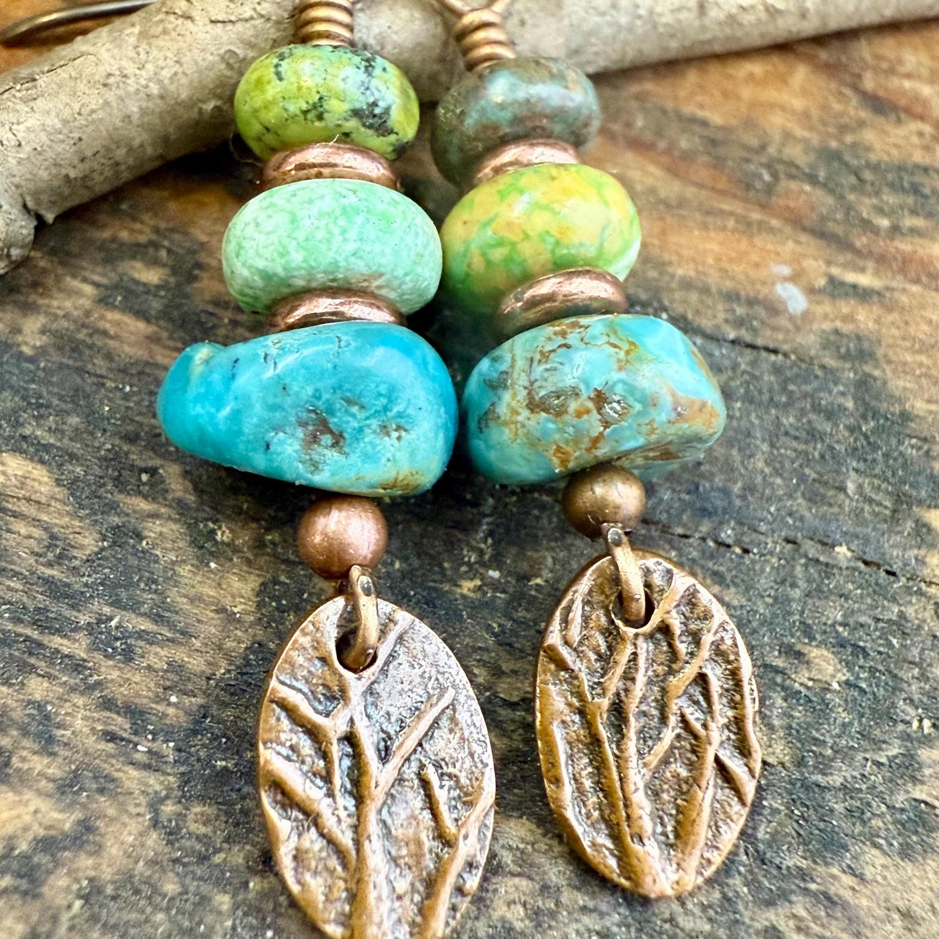 Copper Tree Branch Drop Earrings, Stacked Turquoise Beads, Cairn Stones, Summer Boho Style, Light Everyday, Hypoallergenic Ear Wires, Witchy