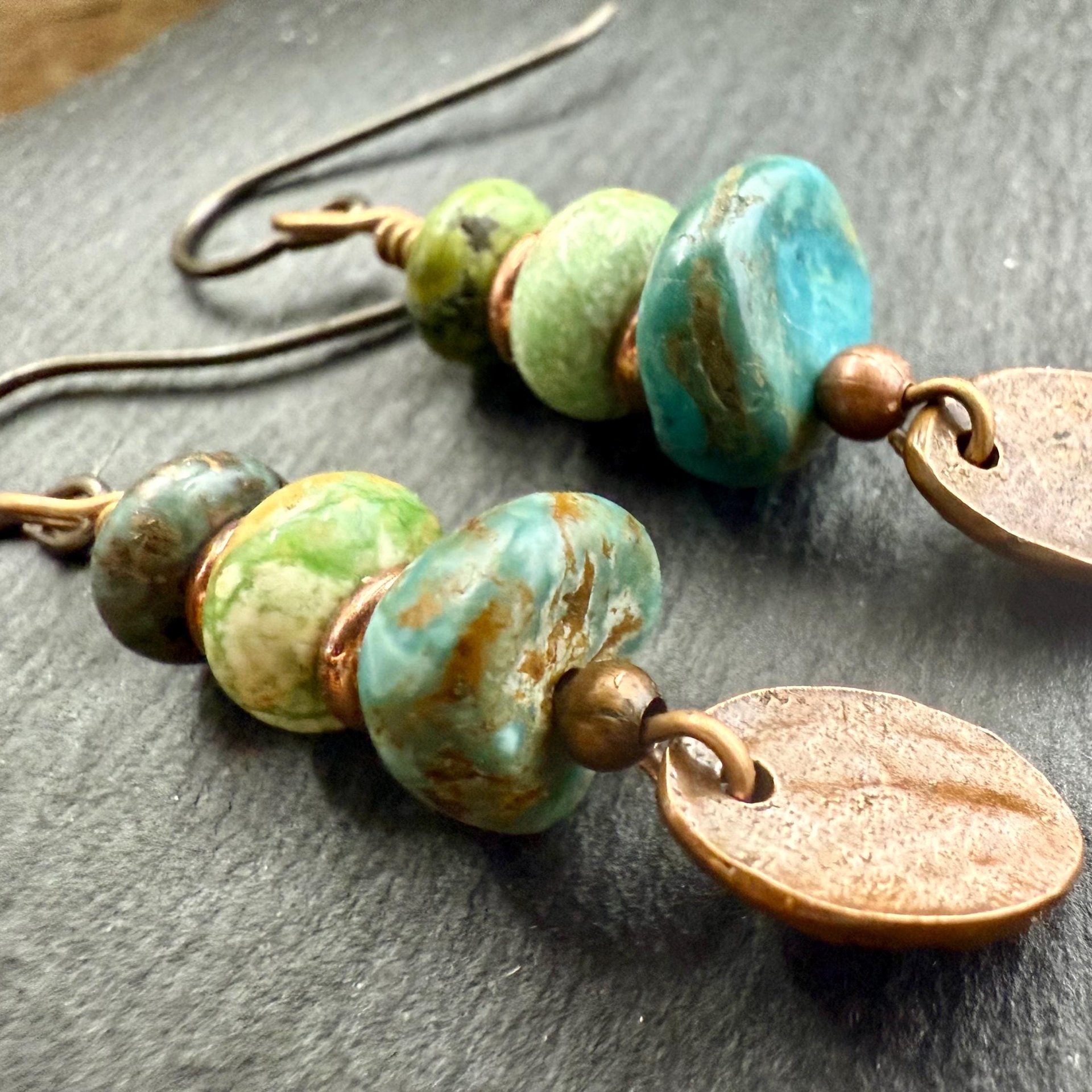 Copper Tree Branch Drop Earrings, Stacked Turquoise Beads, Cairn Stones, Summer Boho Style, Light Everyday, Hypoallergenic Ear Wires, Witchy
