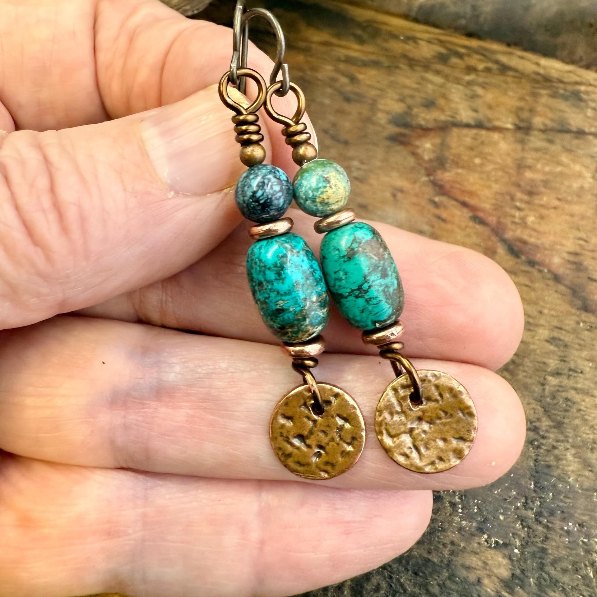Copper Disc Drop Earrings, Turquoise Beads, Light Everyday, Boho Summer Style, Hypoallergenic Ear Wires, Earthy Rustic Jewelry, Handmade