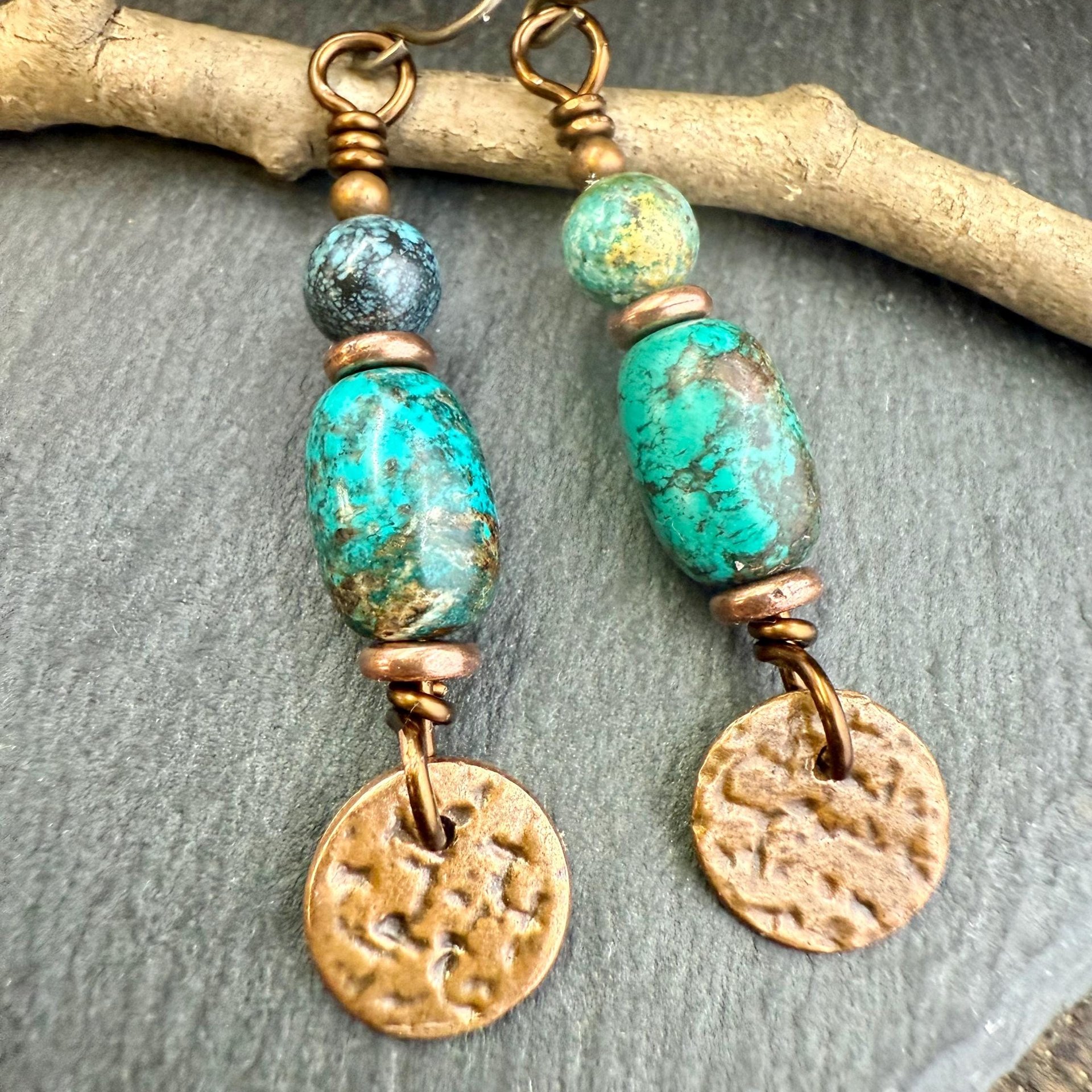 Copper Disc Drop Earrings, Turquoise Beads, Light Everyday, Boho Summer Style, Hypoallergenic Ear Wires, Earthy Rustic Jewelry, Handmade