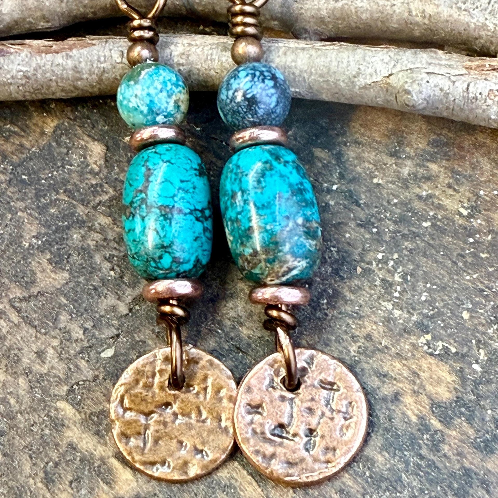 Copper Disc Drop Earrings, Turquoise Beads, Light Everyday, Boho Summer Style, Hypoallergenic Ear Wires, Earthy Rustic Jewelry, Handmade