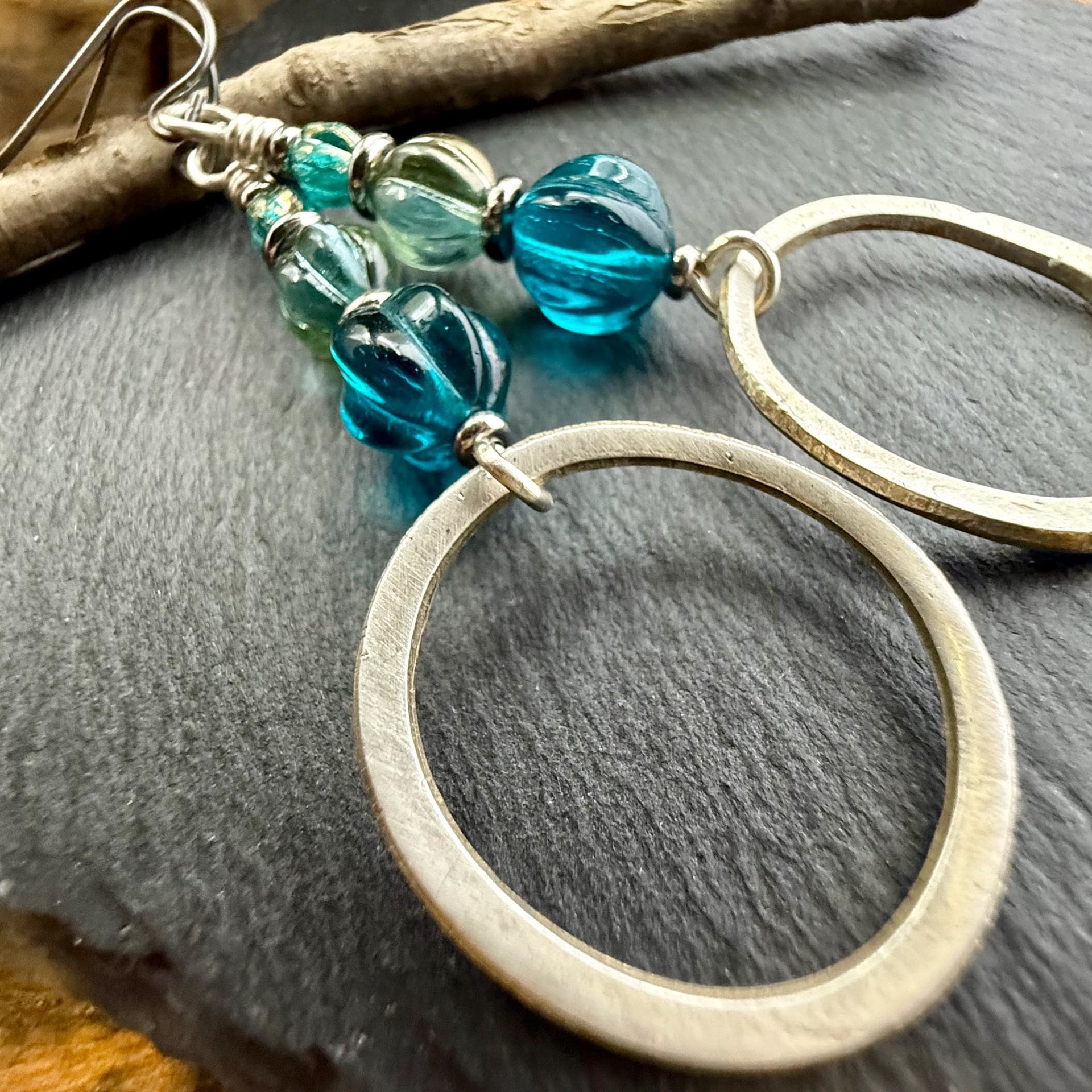 Sterling Silver Drop Hoop Earrings, Czech Glass Beads, Light Everyday Earrings, Hypoallergenic, Niobium Ear Wires, Earthy Rustic Jewelry