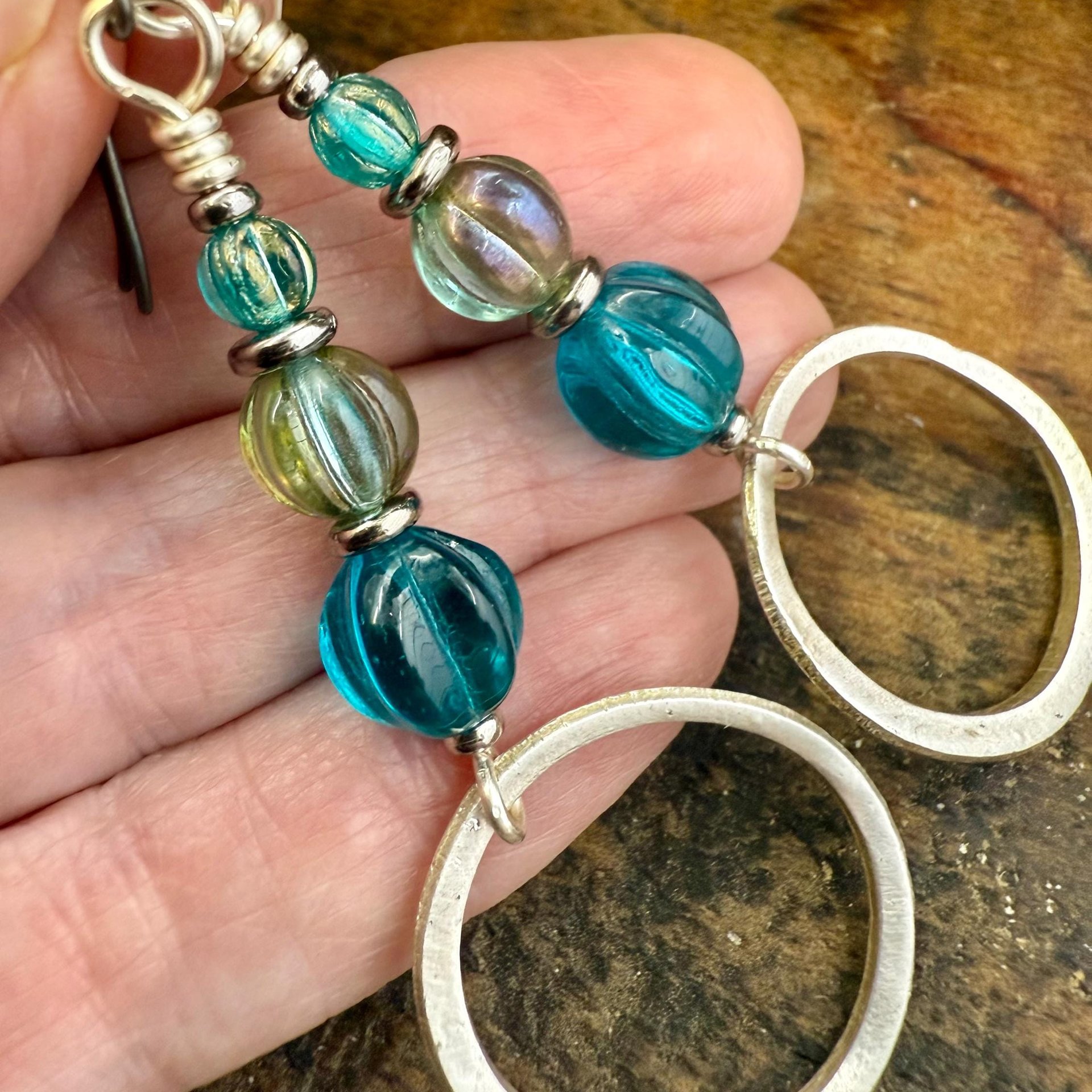 Sterling Silver Drop Hoop Earrings, Czech Glass Beads, Light Everyday Earrings, Hypoallergenic, Niobium Ear Wires, Earthy Rustic Jewelry