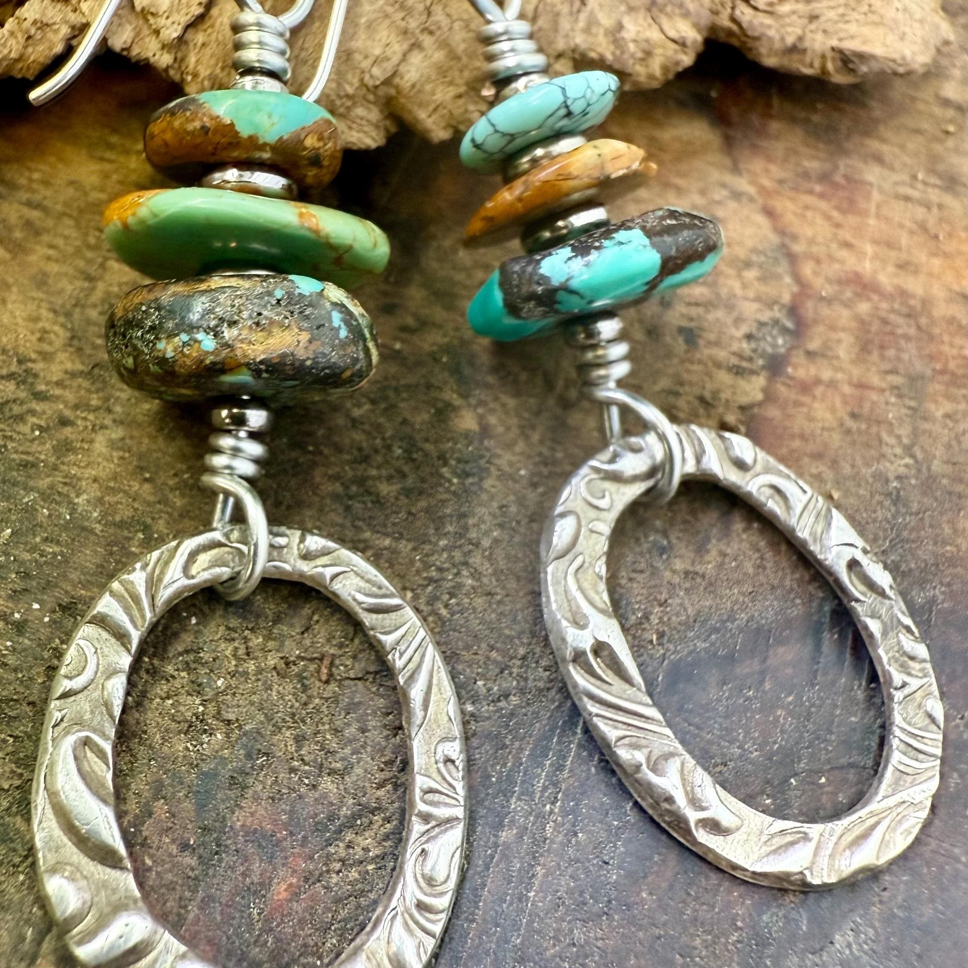 Sterling Silver & Turquoise, Drop Hoop Earrings, Summer Boho Style, Earthy Rustic Jewelry, Stacked Cairn Beads, Everyday, Handmade Art Style