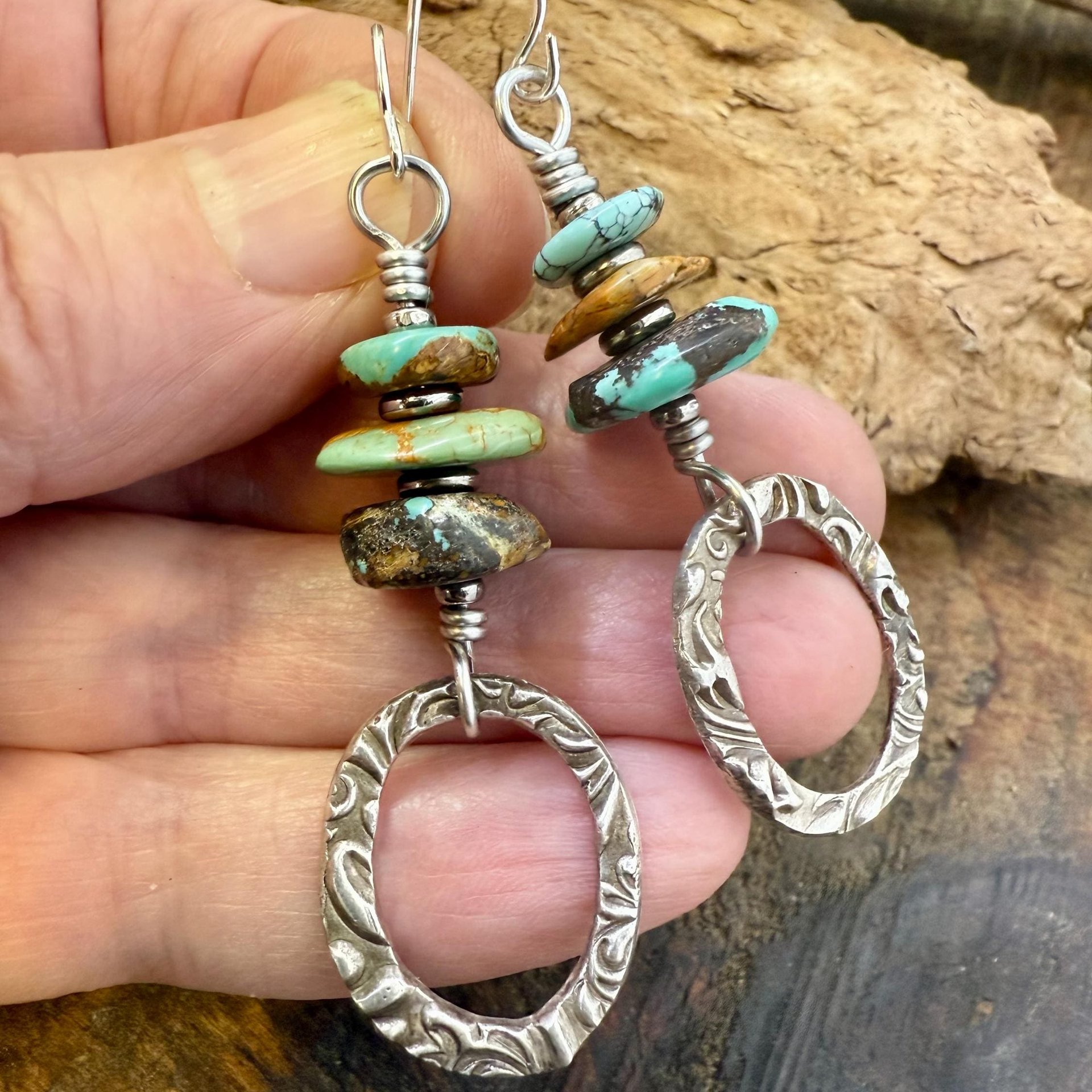 Sterling Silver & Turquoise, Drop Hoop Earrings, Summer Boho Style, Earthy Rustic Jewelry, Stacked Cairn Beads, Everyday, Handmade Art Style