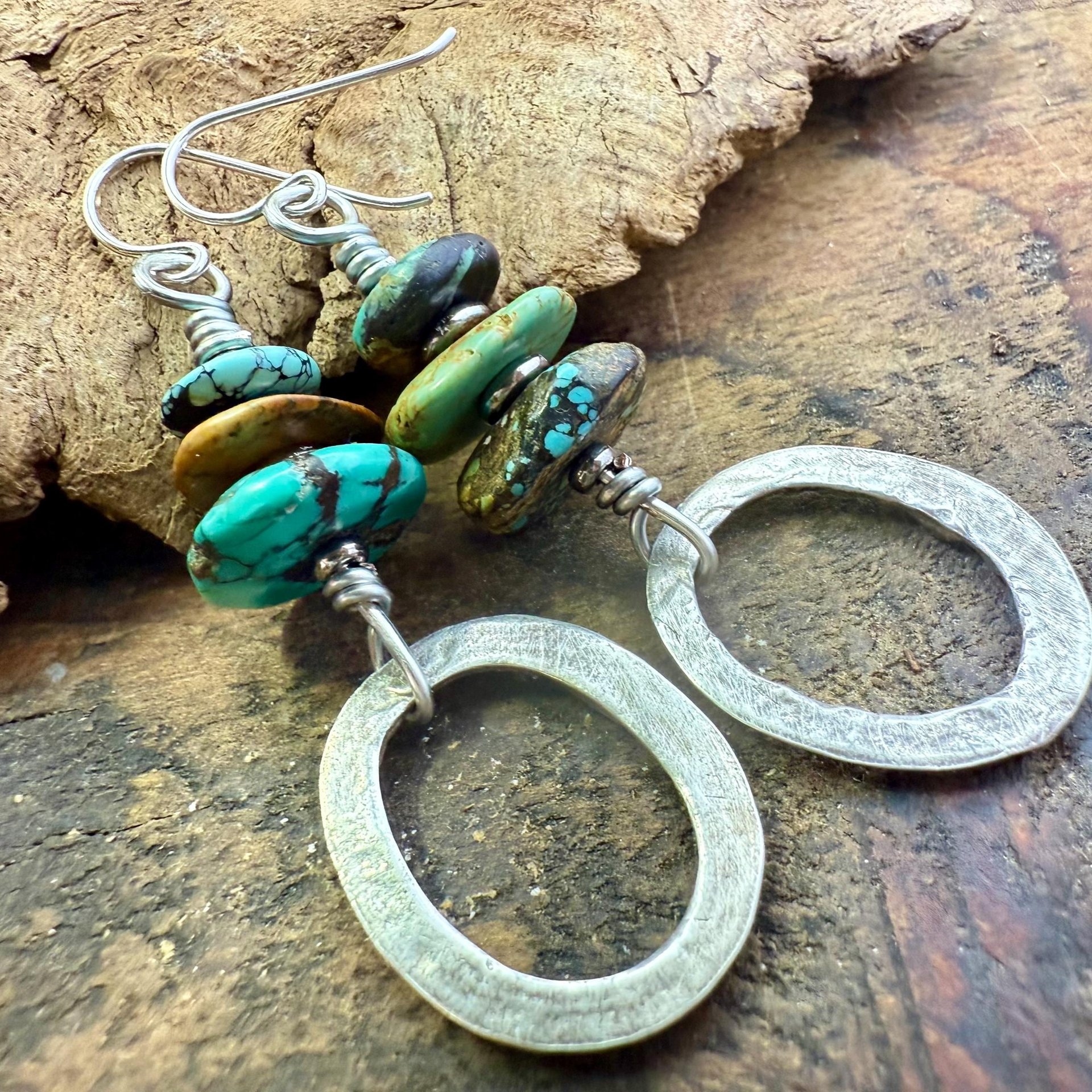 Sterling Silver & Turquoise, Drop Hoop Earrings, Summer Boho Style, Earthy Rustic Jewelry, Stacked Cairn Beads, Everyday, Handmade Art Style