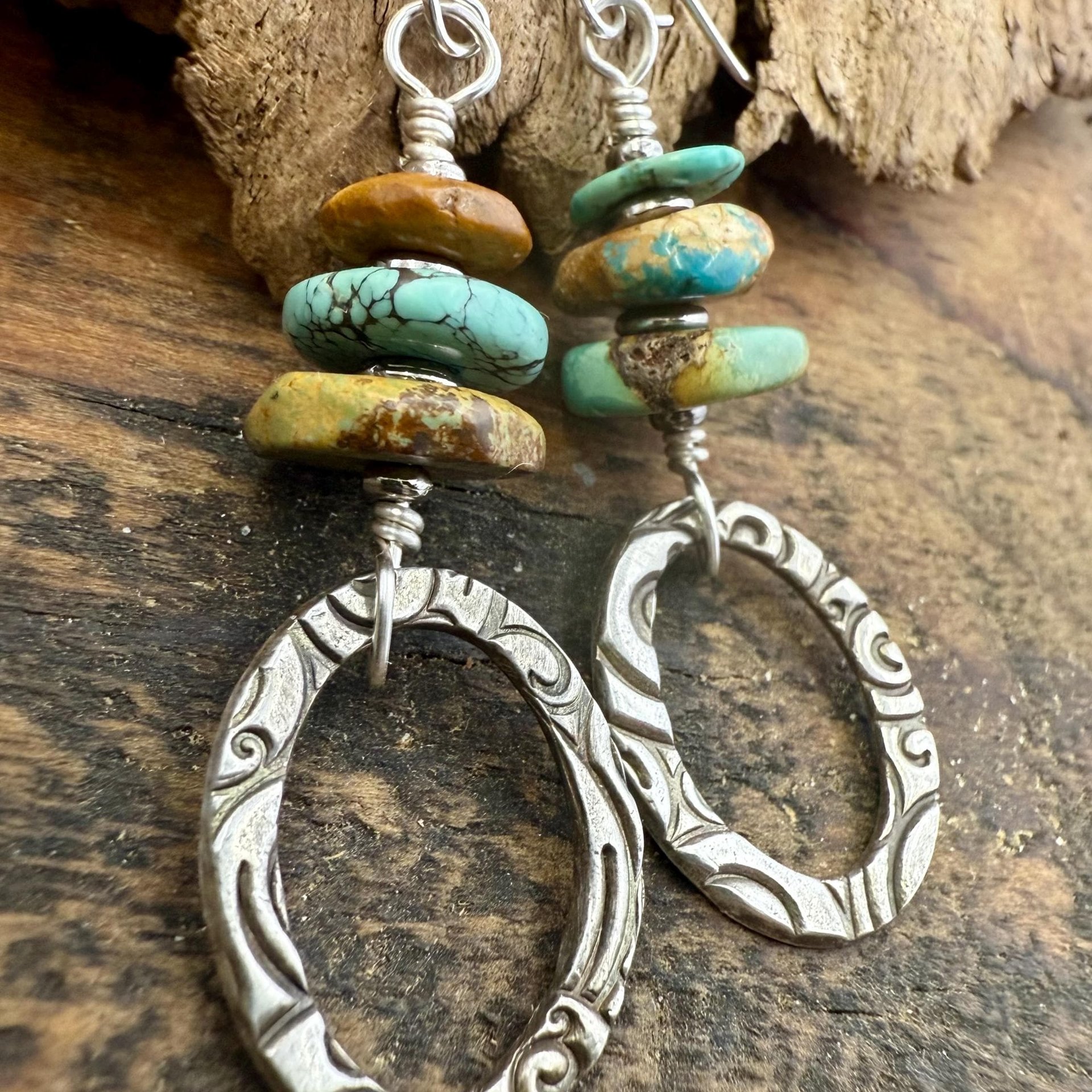 Sterling Silver & Turquoise, Drop Hoop Earrings, Summer Boho Style, Earthy Rustic Jewelry, Stacked Cairn Beads, Everyday, Handmade Art Style