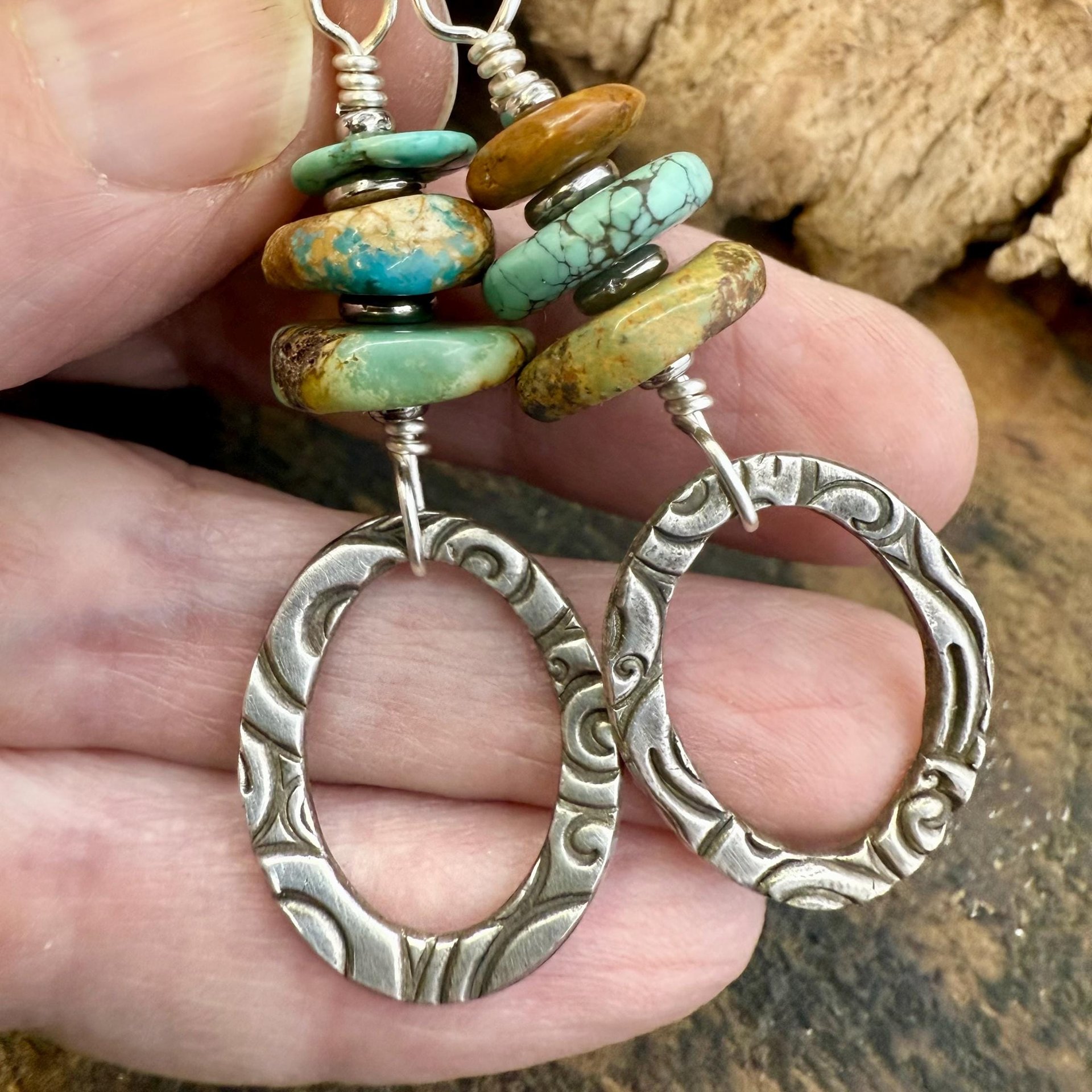 Sterling Silver & Turquoise, Drop Hoop Earrings, Summer Boho Style, Earthy Rustic Jewelry, Stacked Cairn Beads, Everyday, Handmade Art Style