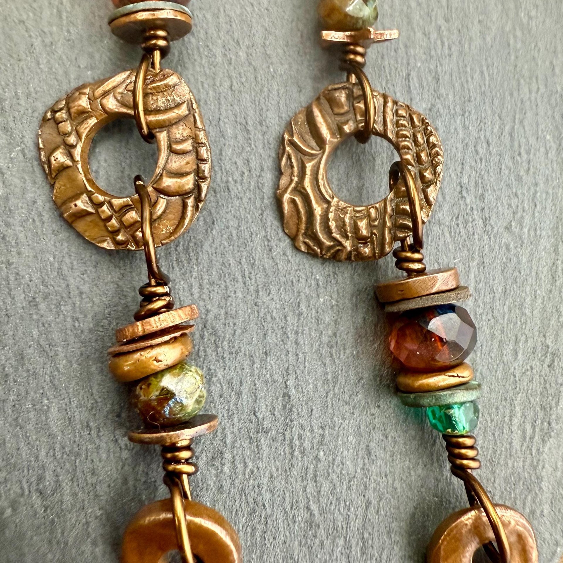 Long Dangle Copper Earrings, Stacked Cairns, Copper Washers, Czech Glass Beads, Hypoallergenic Ear Wires, Earthy, Arty Mismatched Earrings