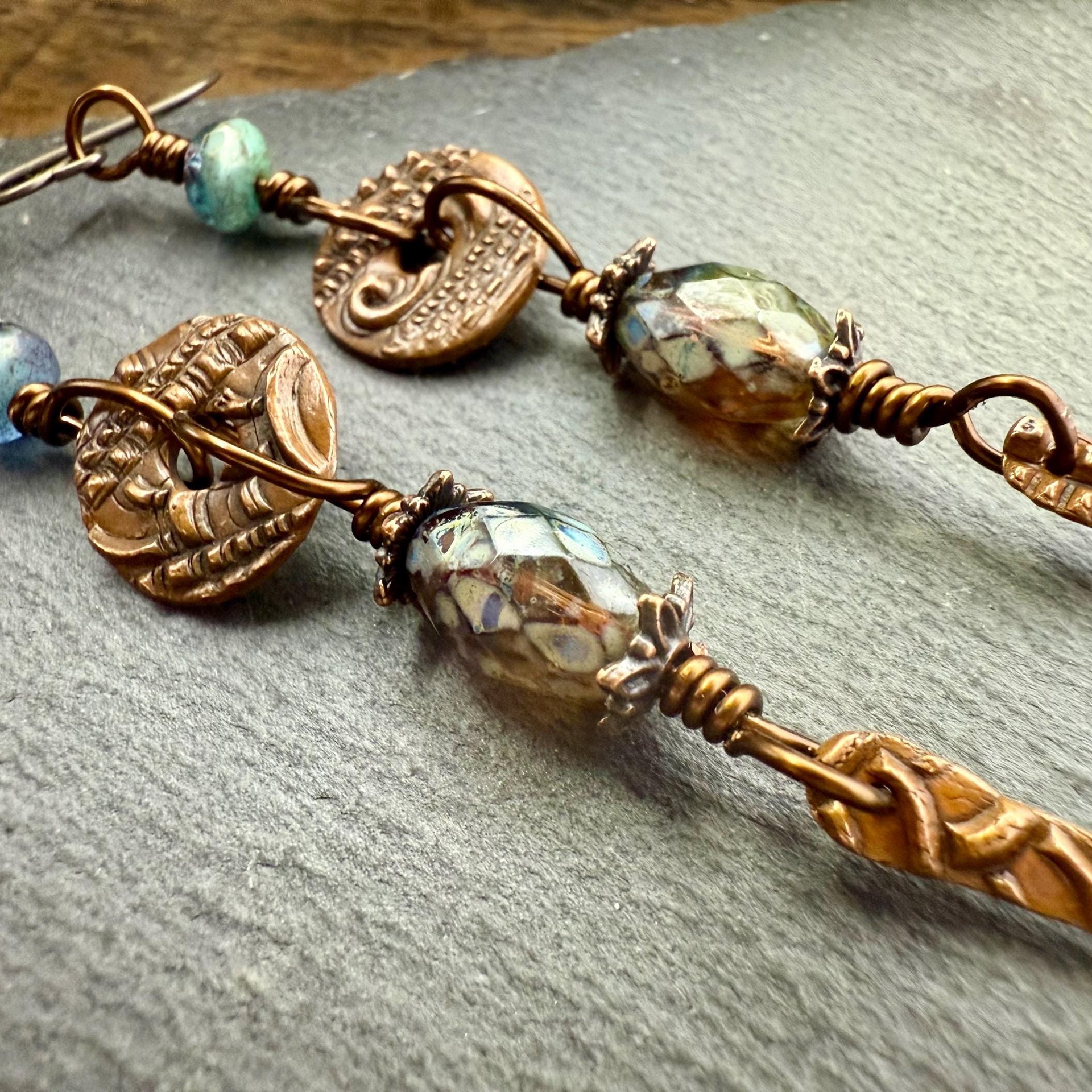 Copper Dangle Drop Earrings, Long Statement Earrings, Czech Glass Beads, Copper and Blue, Hypoallergenic Niobium Ear Wires, Earthy Primitive