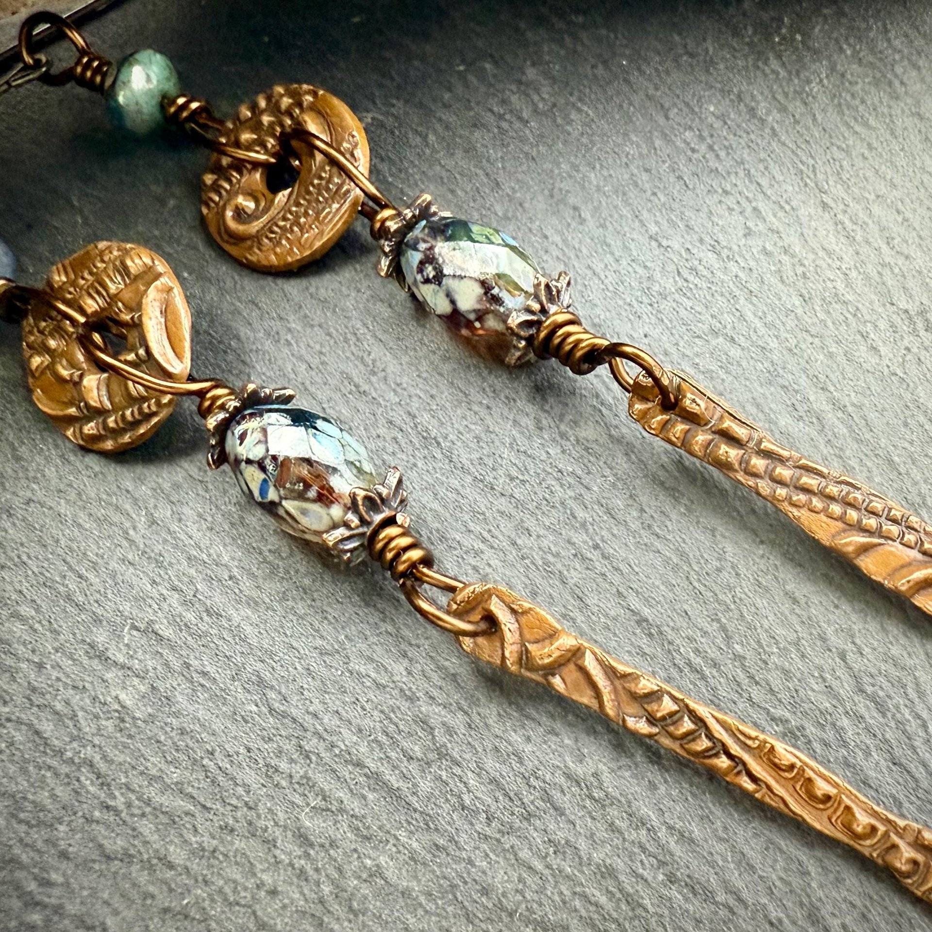 Copper Dangle Drop Earrings, Long Statement Earrings, Czech Glass Beads, Copper and Blue, Hypoallergenic Niobium Ear Wires, Earthy Primitive