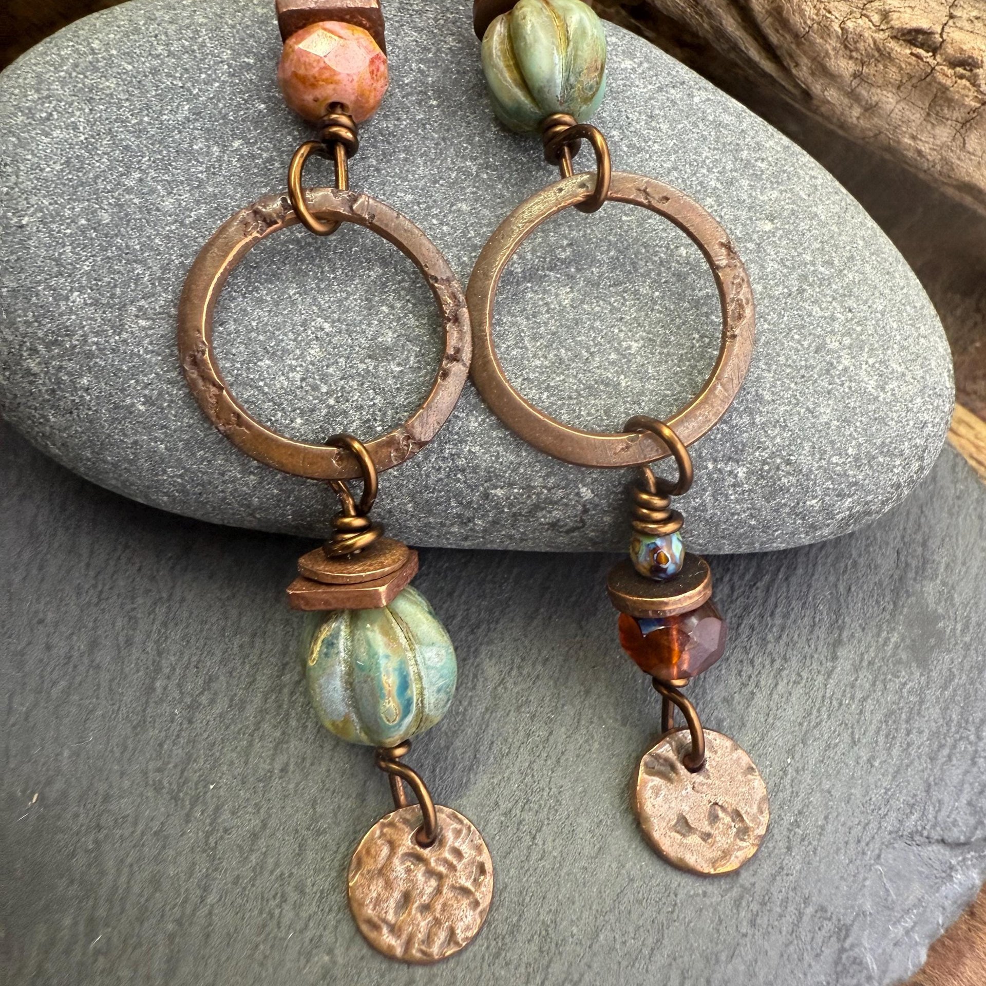 Copper Hoop Dangles, Long Earthy Earrings, Stacked Spacers, Czech Glass Beads, Hypoallergenic Ear Wires, Arty Mismatched Earrings, Handmade