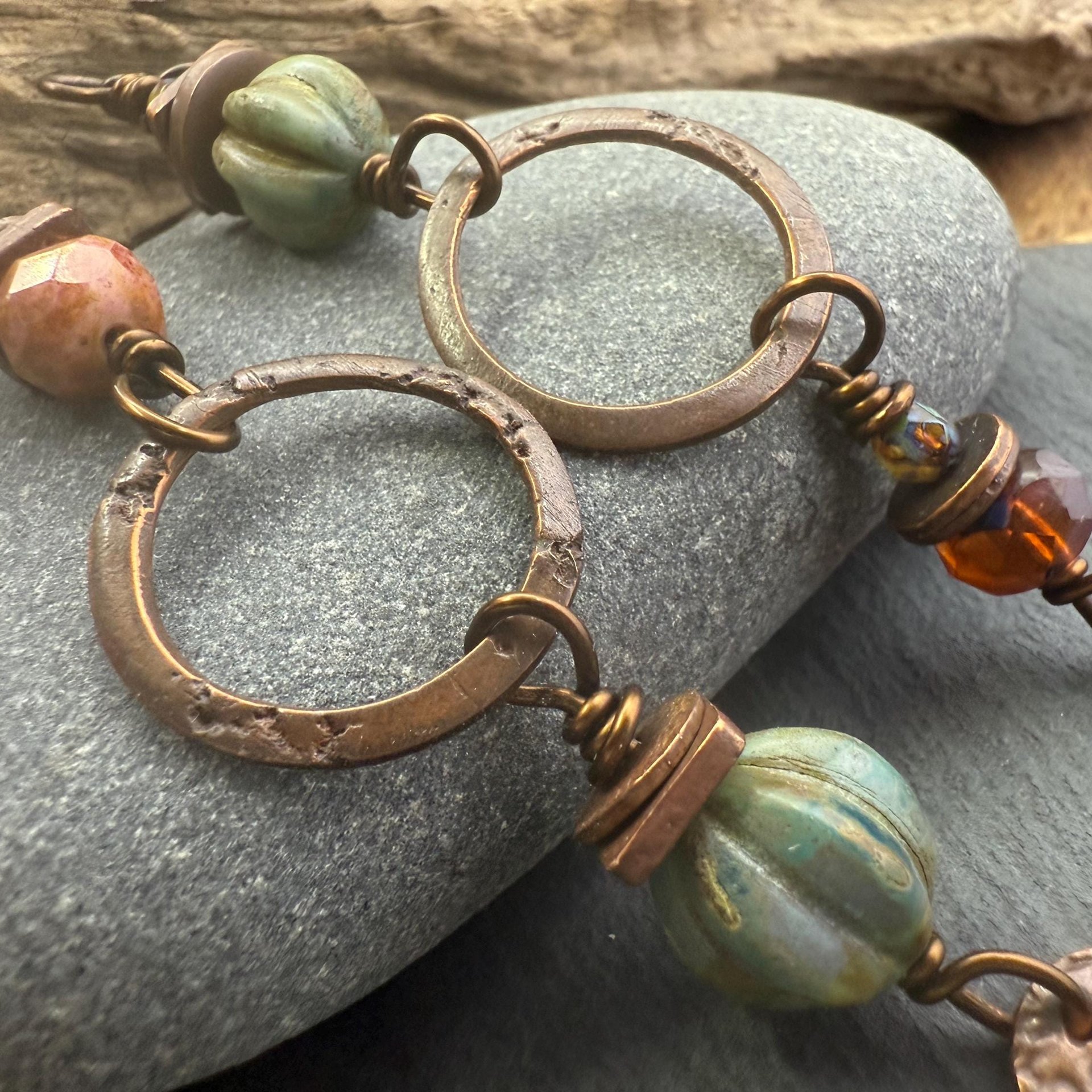 Copper Hoop Dangles, Long Earthy Earrings, Stacked Spacers, Czech Glass Beads, Hypoallergenic Ear Wires, Arty Mismatched Earrings, Handmade