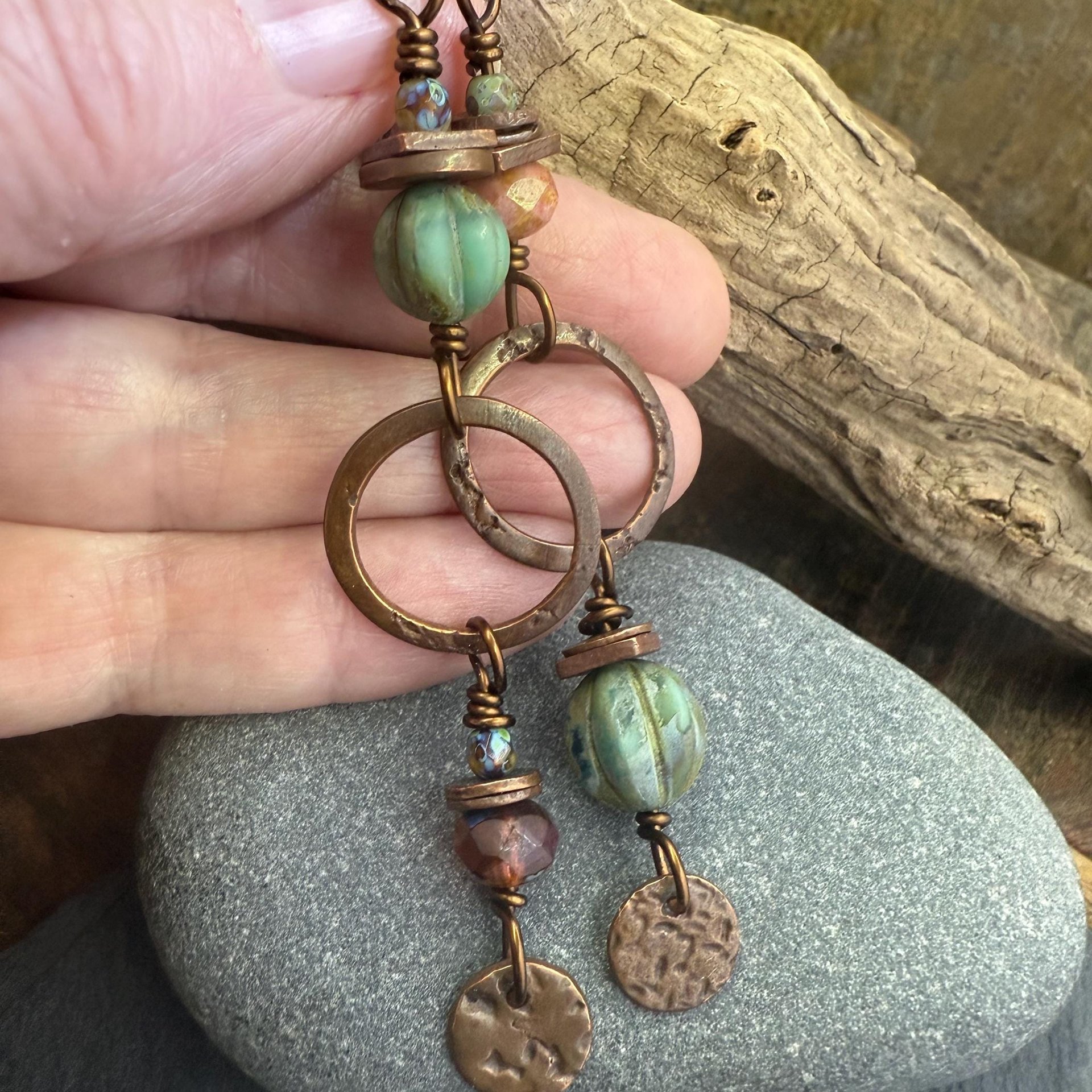 Copper Hoop Dangles, Long Earthy Earrings, Stacked Spacers, Czech Glass Beads, Hypoallergenic Ear Wires, Arty Mismatched Earrings, Handmade