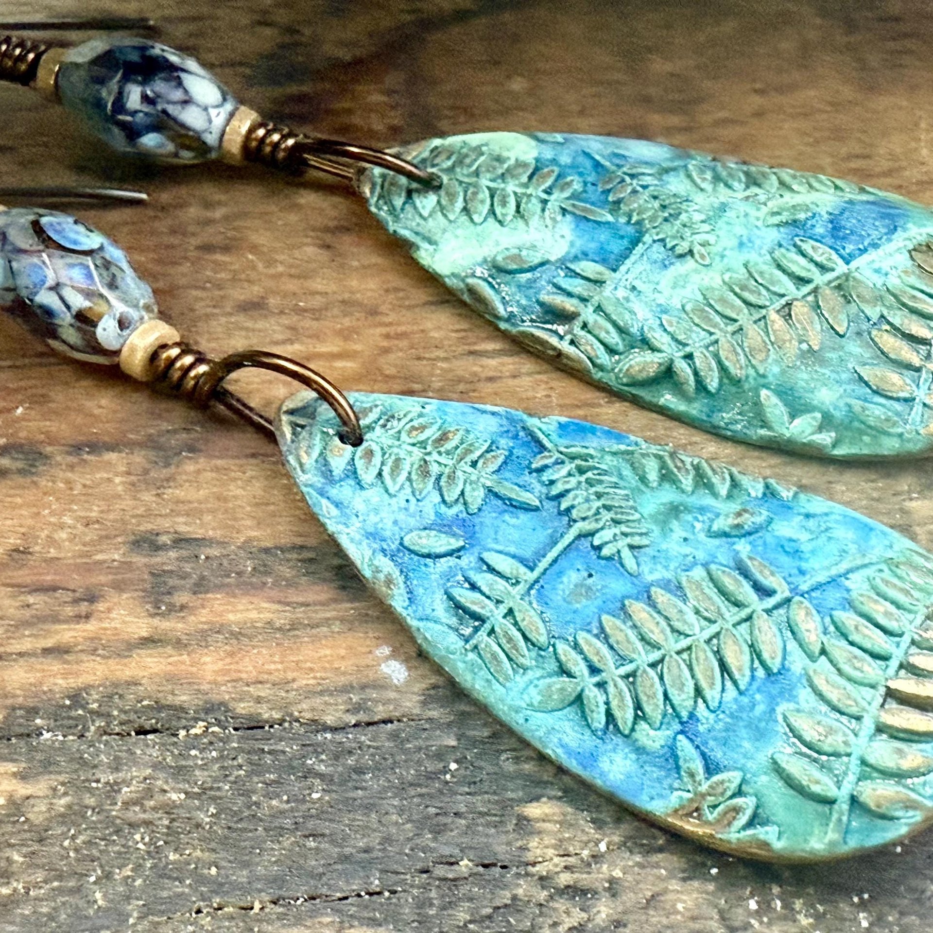 Bronze Fern Earrings, Verdigris Patina, Teardrop Dangle, Czech Glass Beads, Boho Hippie Style, Shield Earrings, Earth Witch, Art Earthy