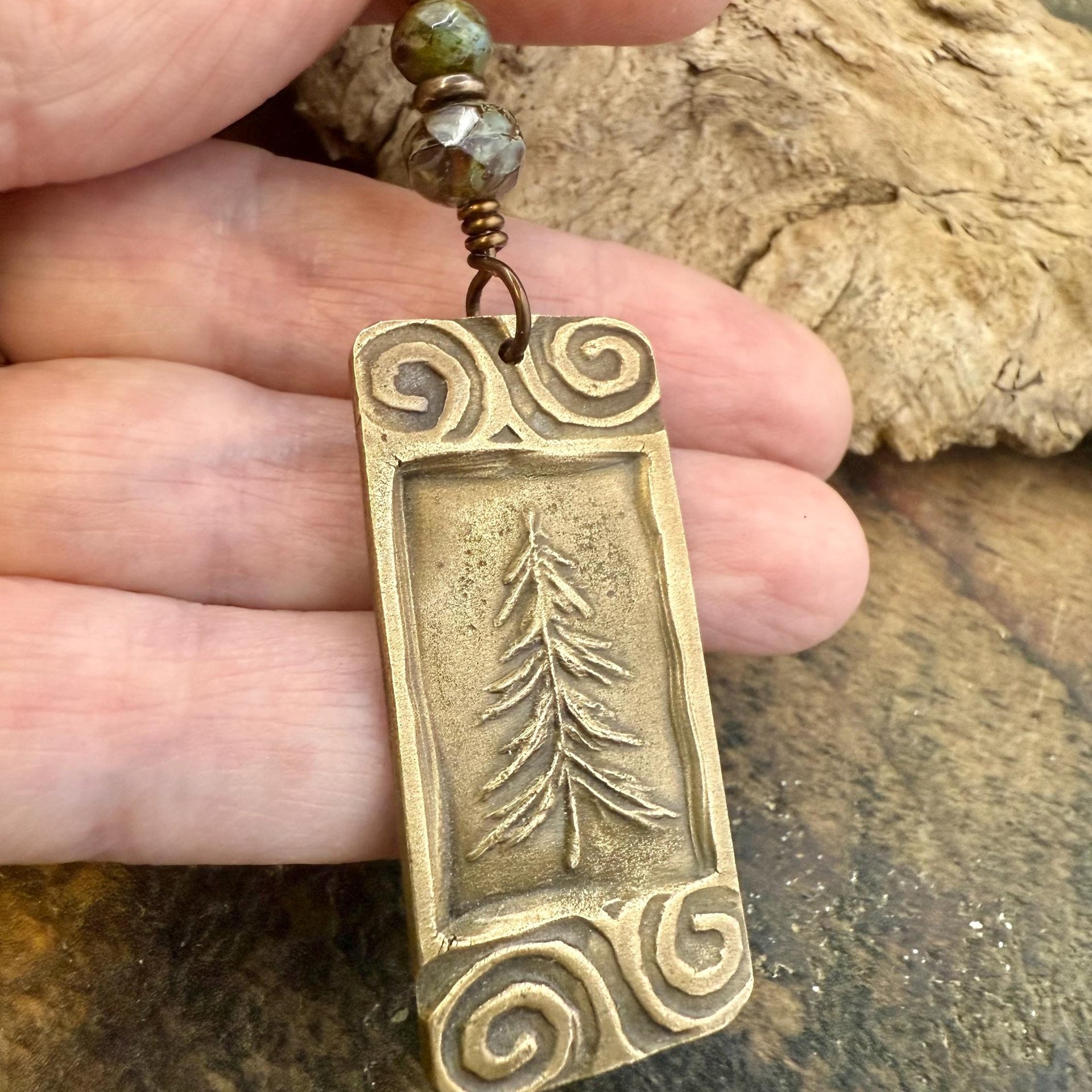Pine Tree, Bronze Pendant, Celtic Spirals, Czech Glass Beads, Evergreen Trees, Earthy Rustic Art Jewelry, Hand Carved, Tree of Life, Pagan
