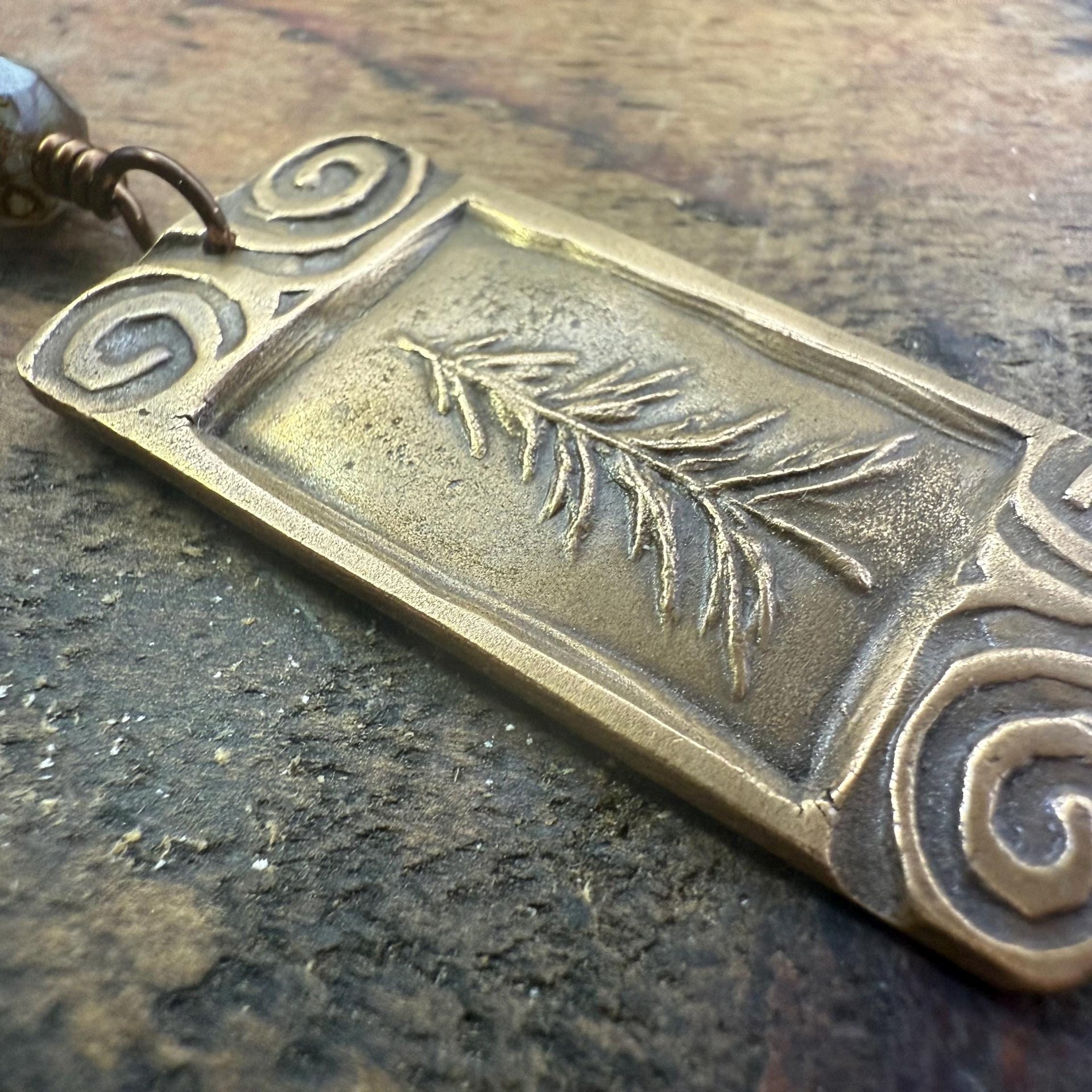 Pine Tree, Bronze Pendant, Celtic Spirals, Czech Glass Beads, Evergreen Trees, Earthy Rustic Art Jewelry, Hand Carved, Tree of Life, Pagan