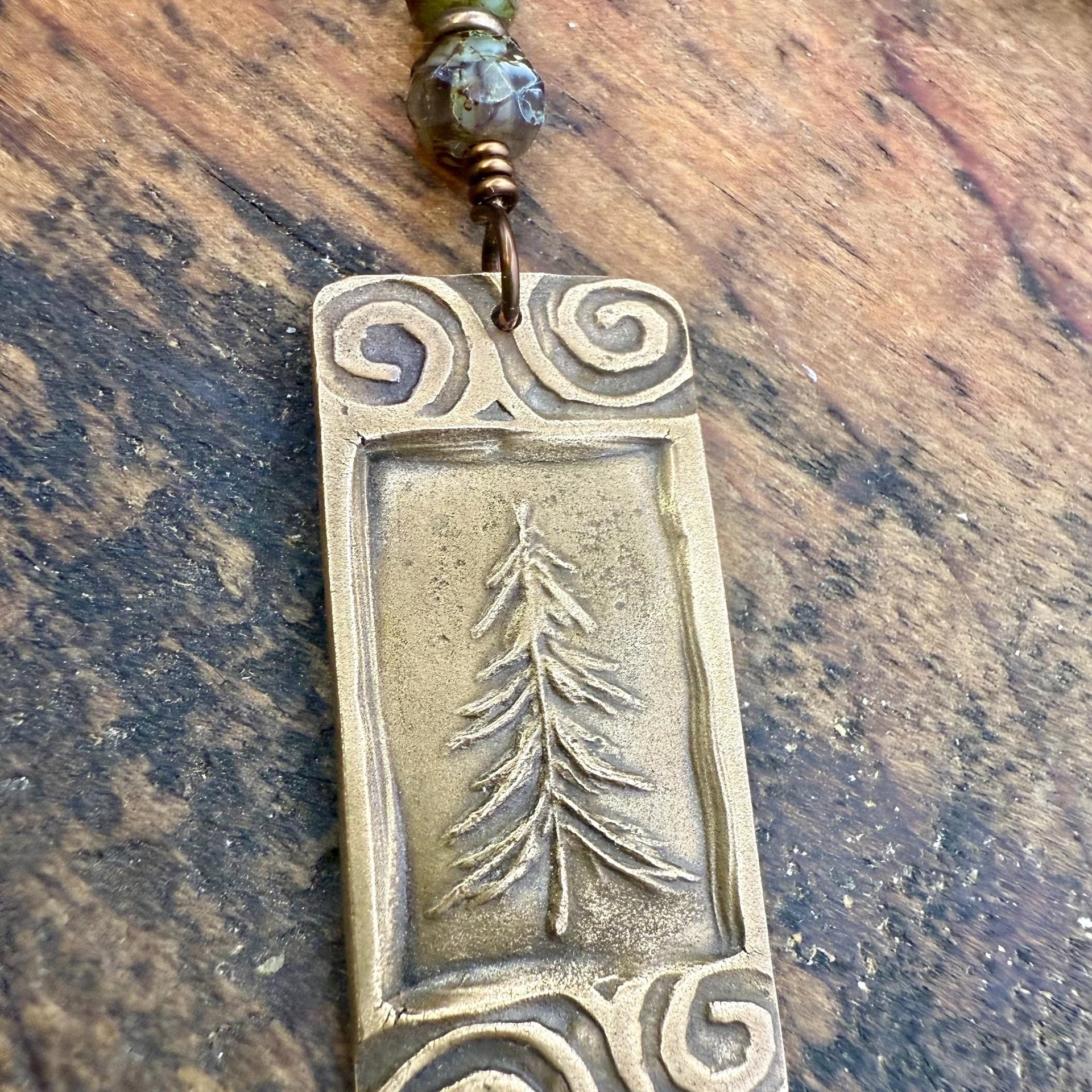 Pine Tree, Bronze Pendant, Celtic Spirals, Czech Glass Beads, Evergreen Trees, Earthy Rustic Art Jewelry, Hand Carved, Tree of Life, Pagan