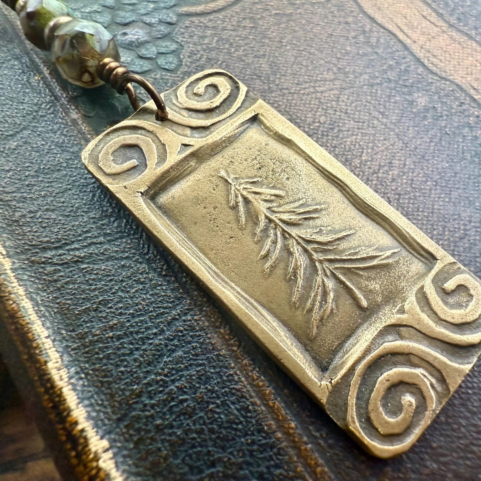 Pine Tree, Bronze Pendant, Celtic Spirals, Czech Glass Beads, Evergreen Trees, Earthy Rustic Art Jewelry, Hand Carved, Tree of Life, Pagan