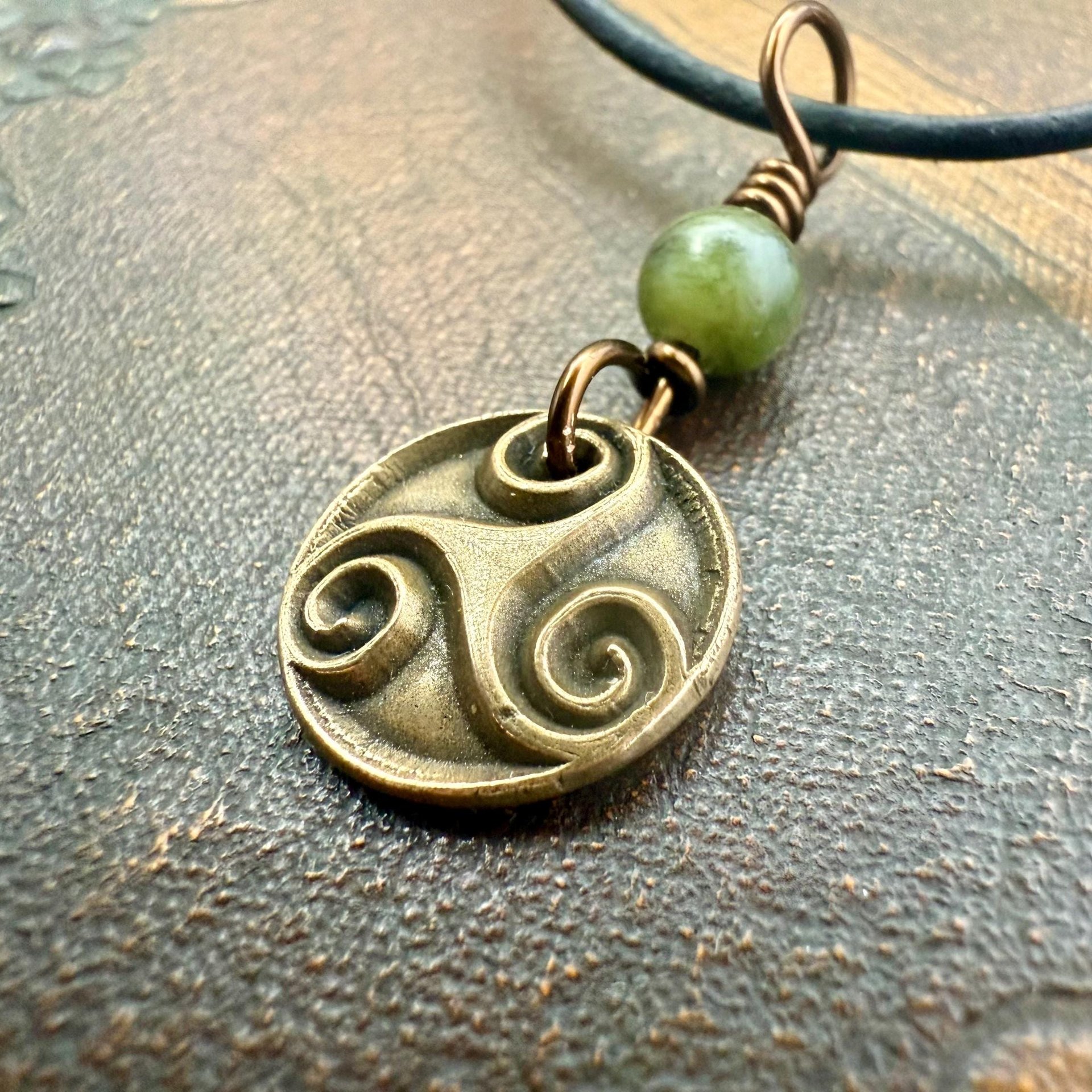 Triskele Bronze Charm, Wax Seal Charm, Connemara Marble Bead, Irish Celtic, 8 Anniversary, Celtic Witch, Triskelion Triple Spiral, Pagan