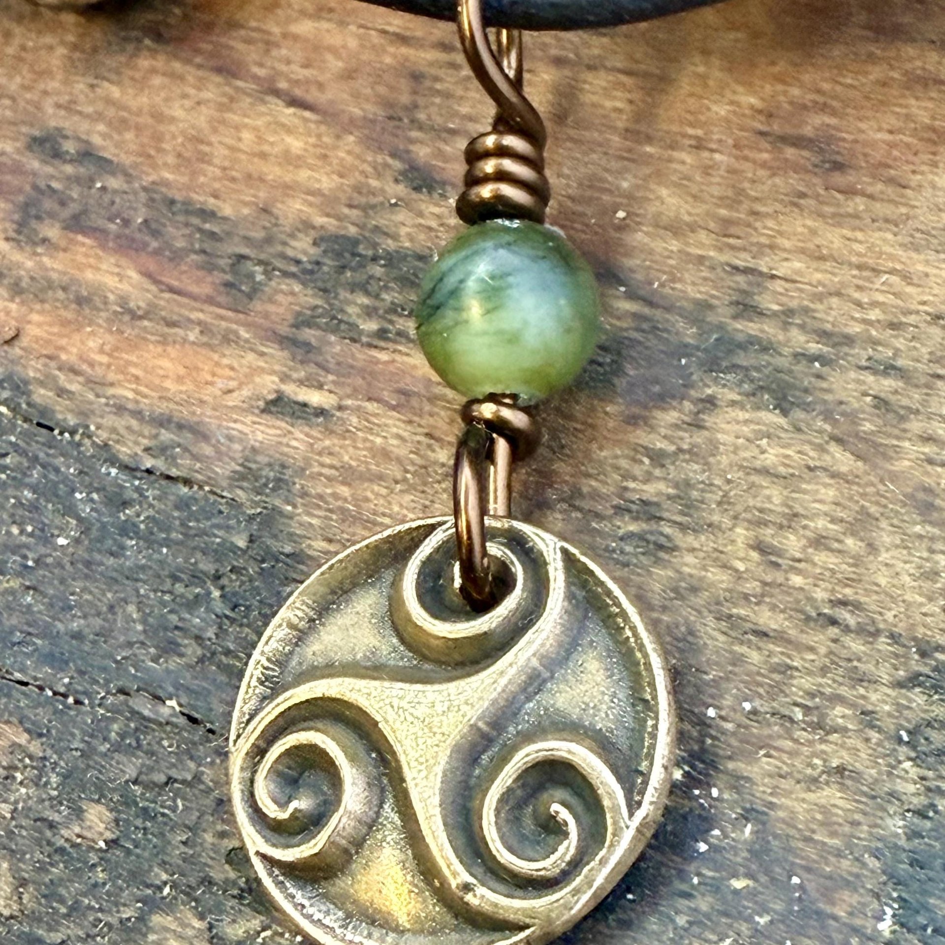 Triskele Bronze Charm, Wax Seal Charm, Connemara Marble Bead, Irish Celtic, 8 Anniversary, Celtic Witch, Triskelion Triple Spiral, Pagan