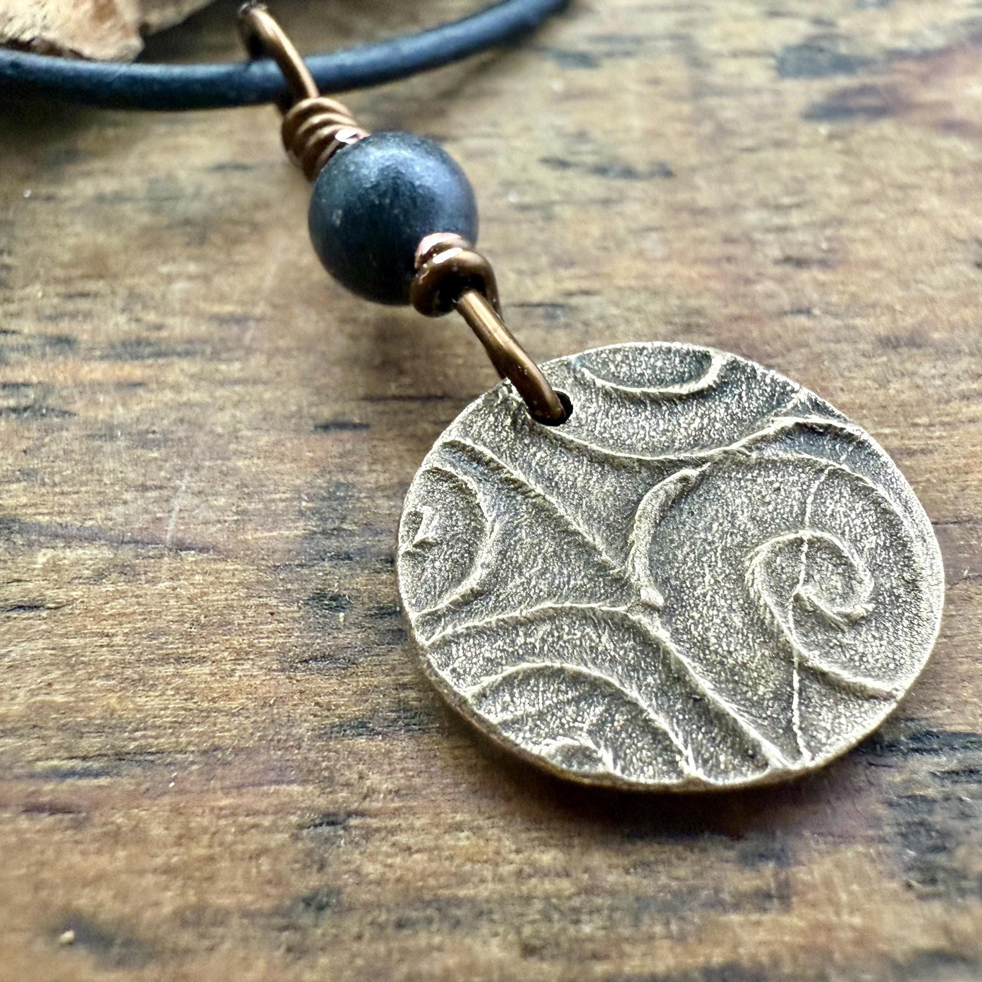 Raven Bronze Pendant, Wax Seal Charm, Kilkenny Black Bead, Crow Corvid, Tree Branches, Pagan Samhain, Celtic Witch Jewelry, Earthy Rustic