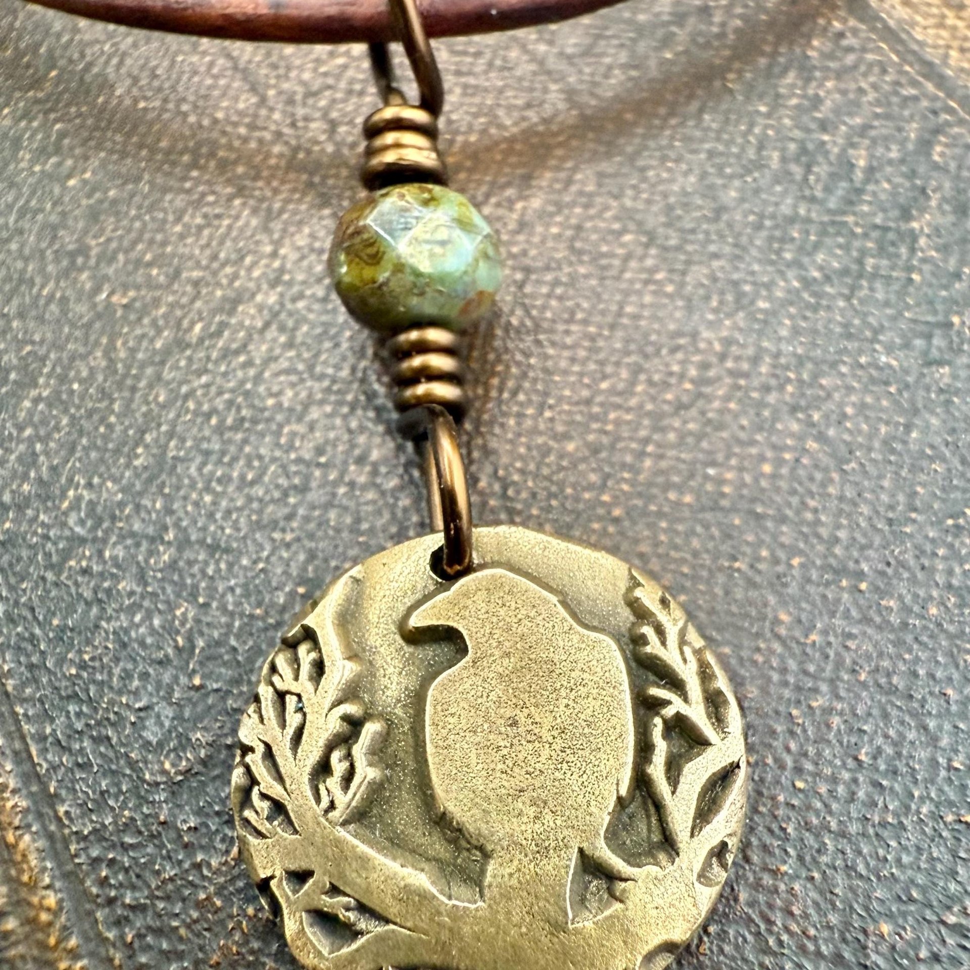 Raven Bronze Pendant, Wax Seal Charm, Czech Glass Bead, Crow Corvid, Tree Branches, Pagan Samhain, Celtic Witch Jewelry, Earthy Rustic Wicca