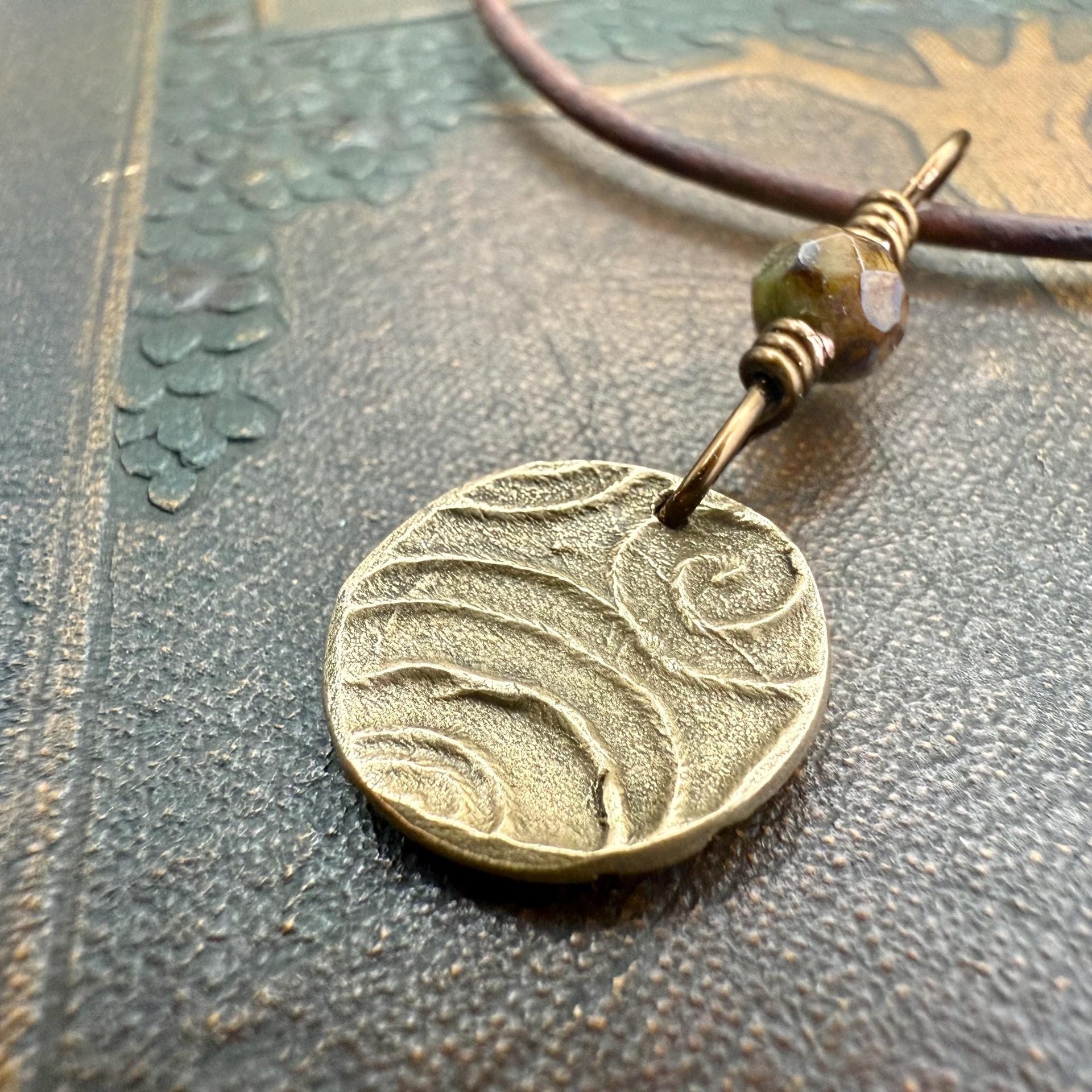 Raven Bronze Pendant, Wax Seal Charm, Czech Glass Bead, Crow Corvid, Tree Branches, Pagan Samhain, Celtic Witch Jewelry, Earthy Rustic Wicca