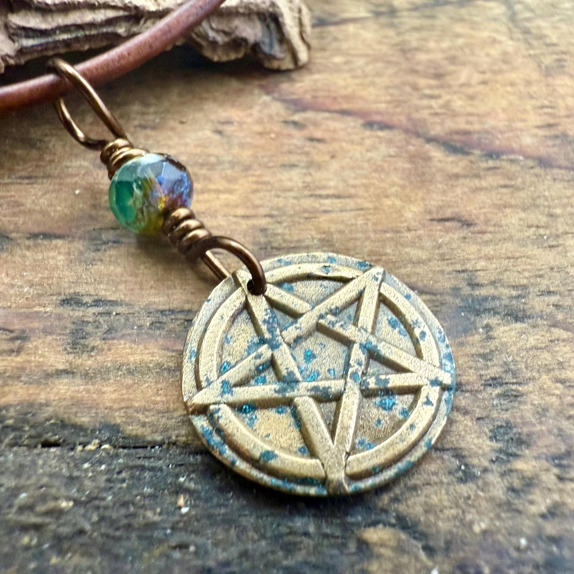 Pentagram Bronze Charm, Pentacle Pendant, Czech Glass Bead, Leather & Vegan Cords, Pagan Wicca, 5 Elements Star, Handmade, Witchy Things