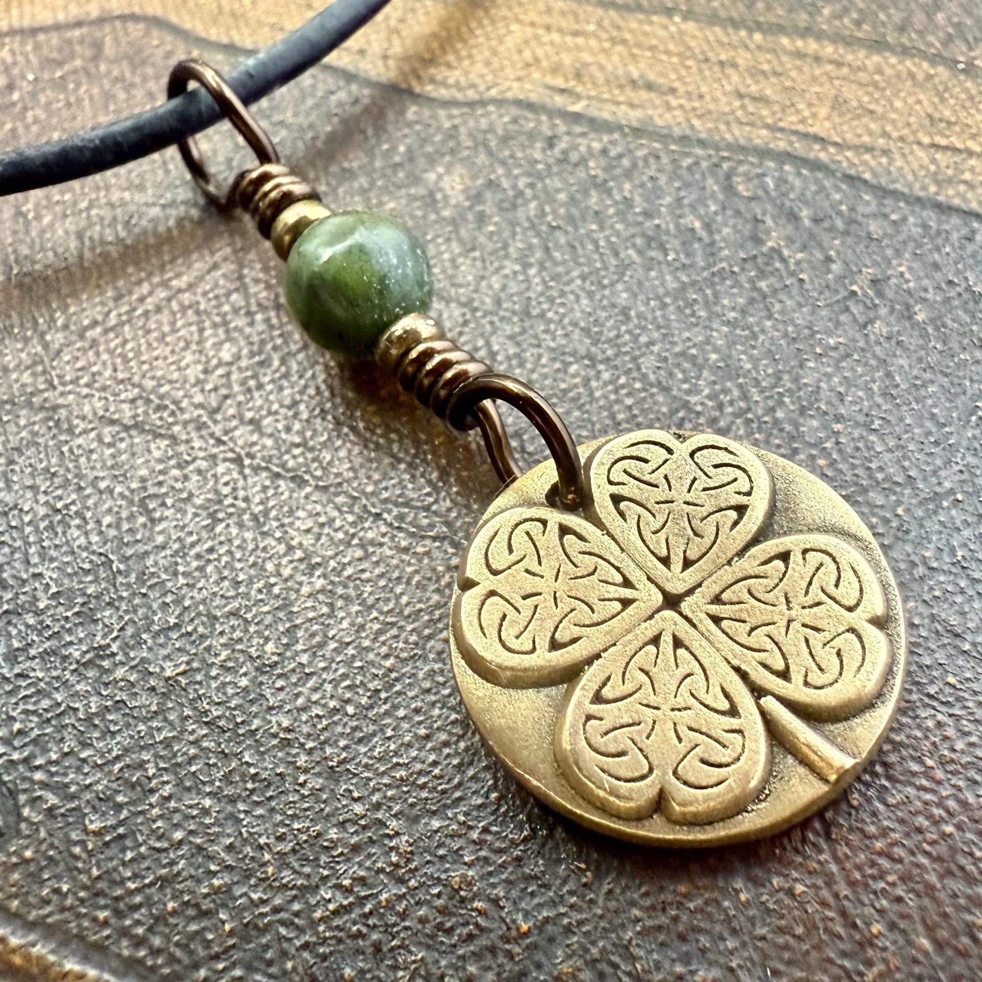 Four Leaf Clover, Bronze Necklace, Wax Seal Charm, Connemara Marble, Irish Celtic Jewelry, Lucky Charm, Celtic Witch, Irish Shamrock Luck