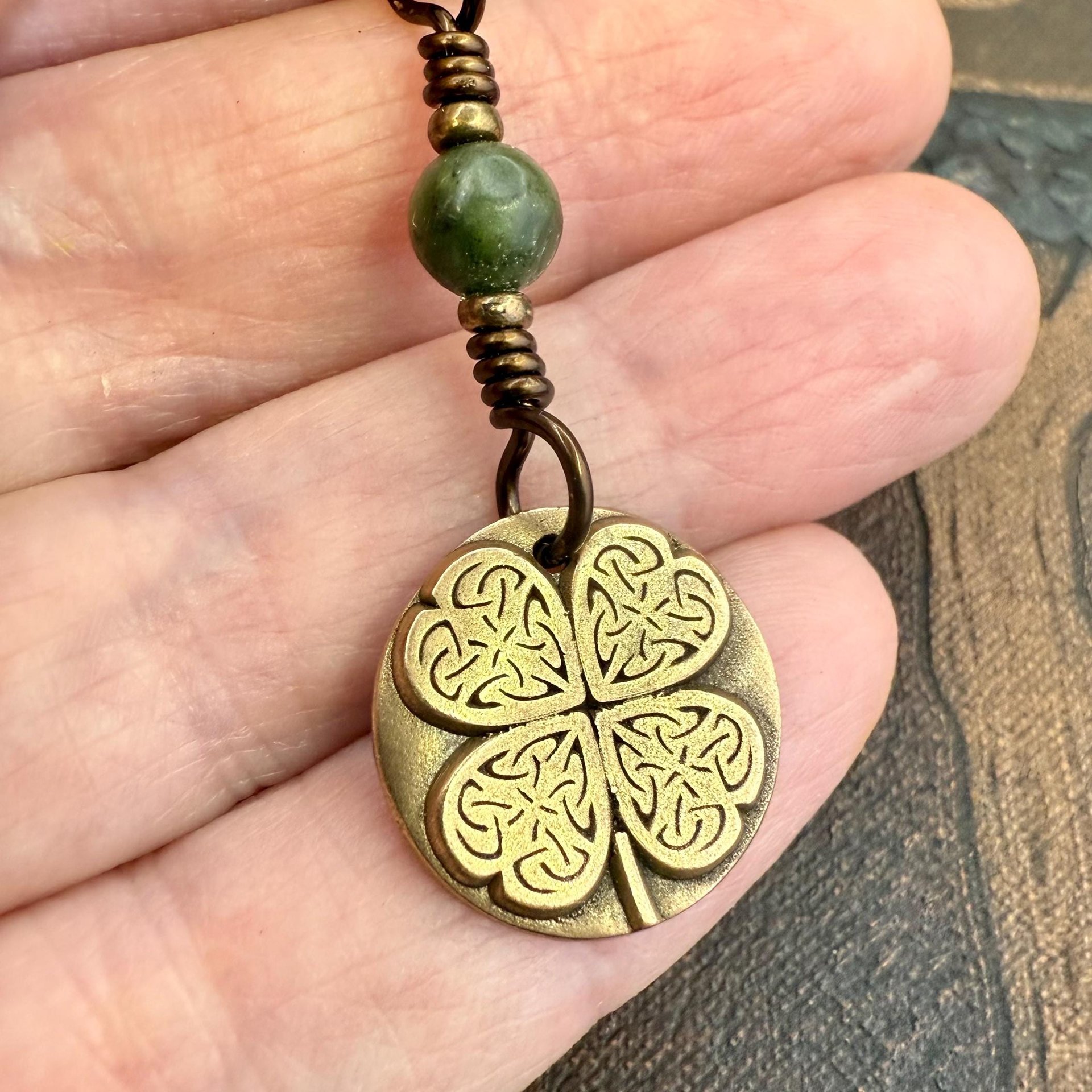 Four Leaf Clover, Bronze Necklace, Wax Seal Charm, Connemara Marble, Irish Celtic Jewelry, Lucky Charm, Celtic Witch, Irish Shamrock Luck