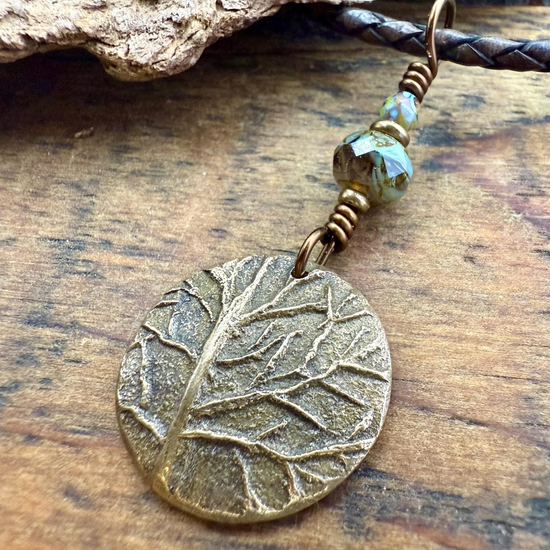 Tree of Life Charm, Bronze Necklace, Tree Branches, Czech Glass Beads, Domed Pendant, Hand Carved, Celtic Witch, Pagan Druid, Earth Lover