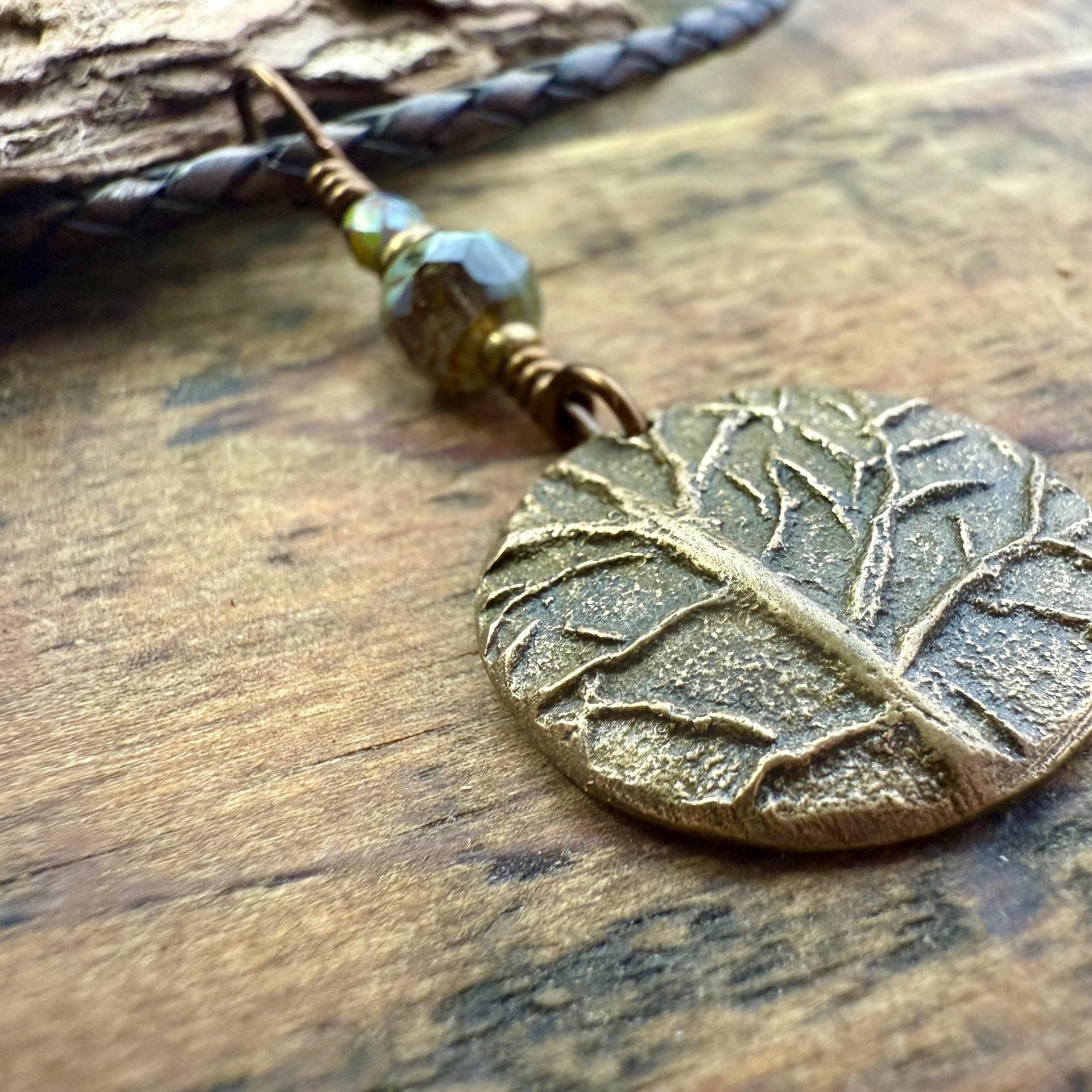 Tree of Life Charm, Bronze Necklace, Tree Branches, Czech Glass Beads, Domed Pendant, Hand Carved, Celtic Witch, Pagan Druid, Earth Lover