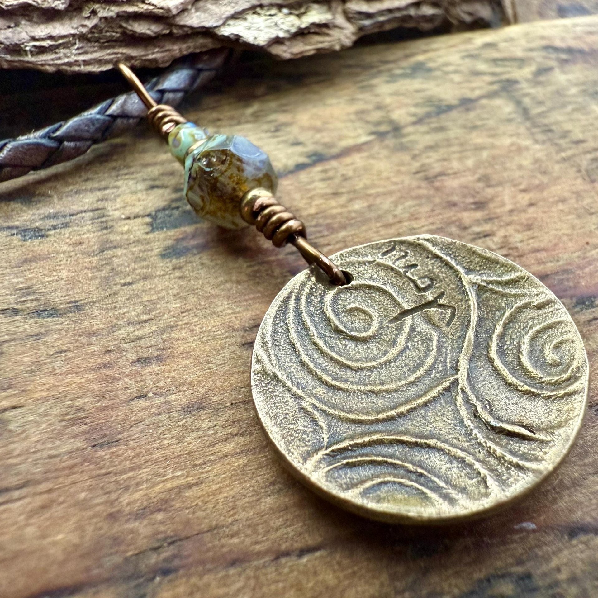 Tree of Life Charm, Bronze Necklace, Tree Branches, Czech Glass Beads, Domed Pendant, Hand Carved, Celtic Witch, Pagan Druid, Earth Lover