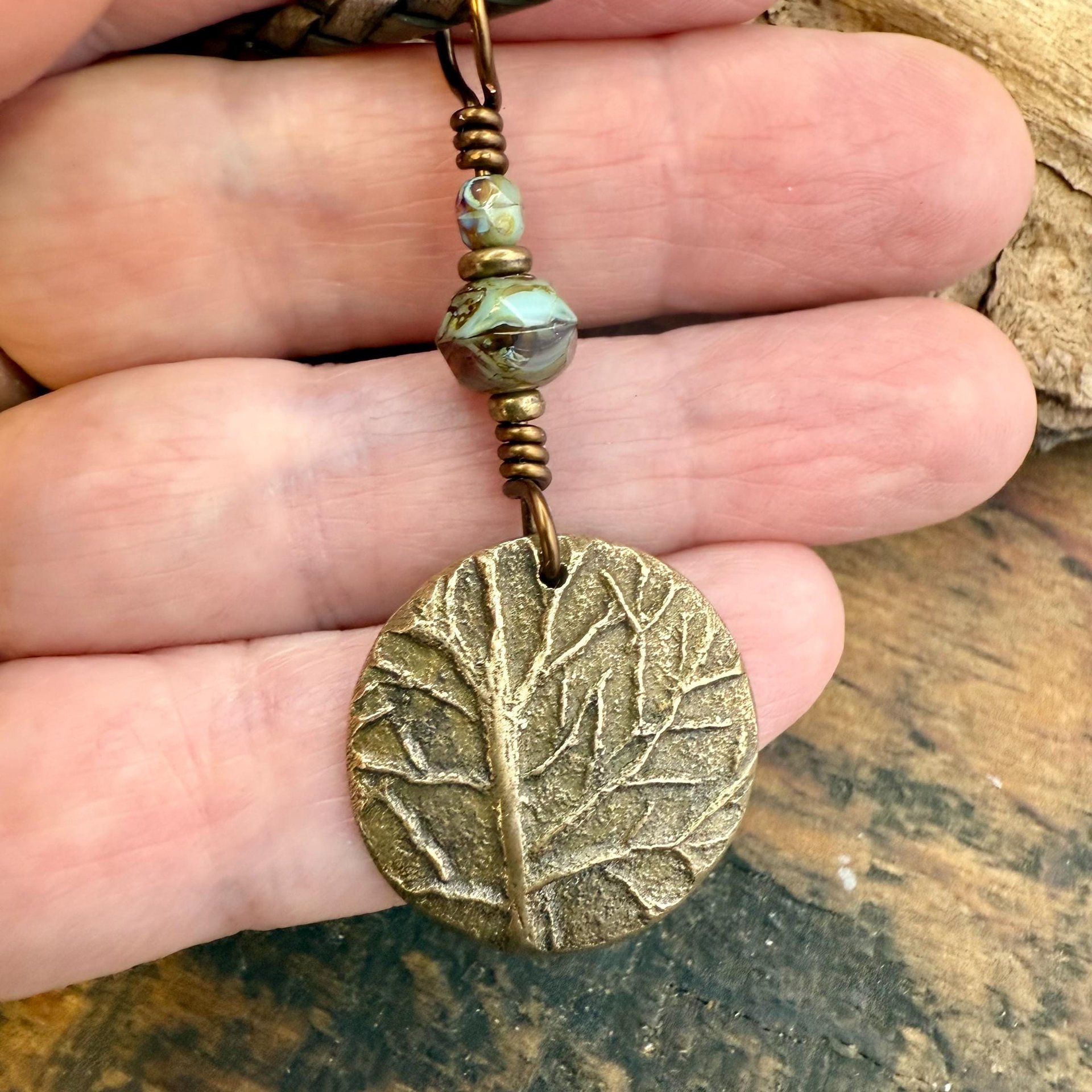 Tree of Life Charm, Bronze Necklace, Tree Branches, Czech Glass Beads, Domed Pendant, Hand Carved, Celtic Witch, Pagan Druid, Earth Lover