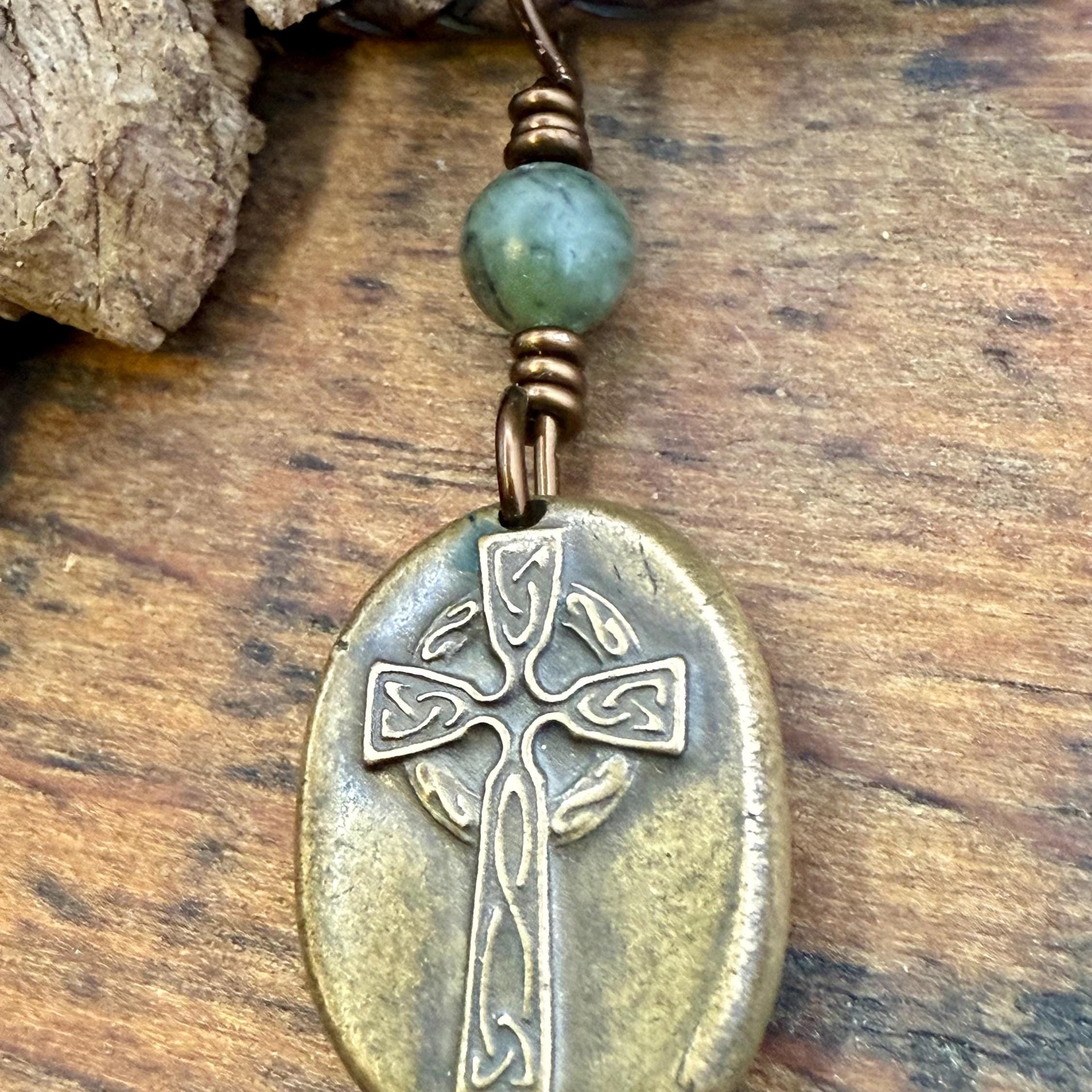 Bronze Celtic Cross, Wax Seal Charm, Connemara Marble, Irish Celtic, Chunky Cross Necklace, Leather Vegan Cord, Ancient Symbols, Talisman