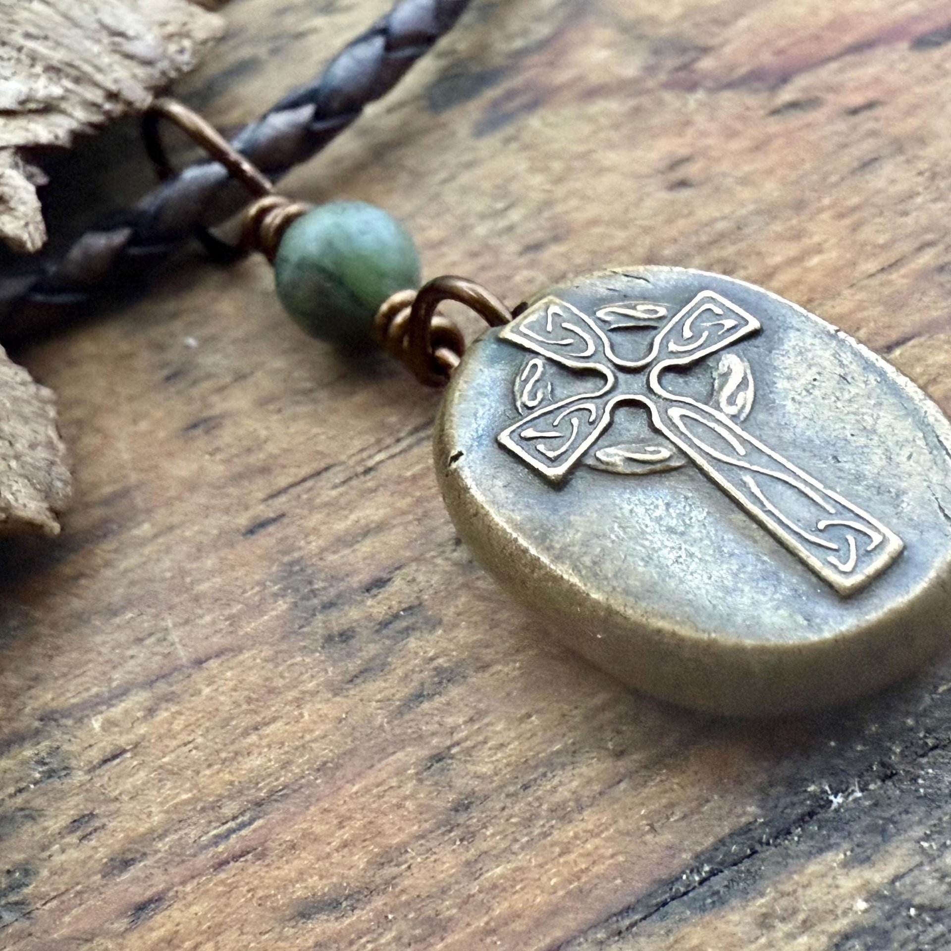 Bronze Celtic Cross, Wax Seal Charm, Connemara Marble, Irish Celtic, Chunky Cross Necklace, Leather Vegan Cord, Ancient Symbols, Talisman