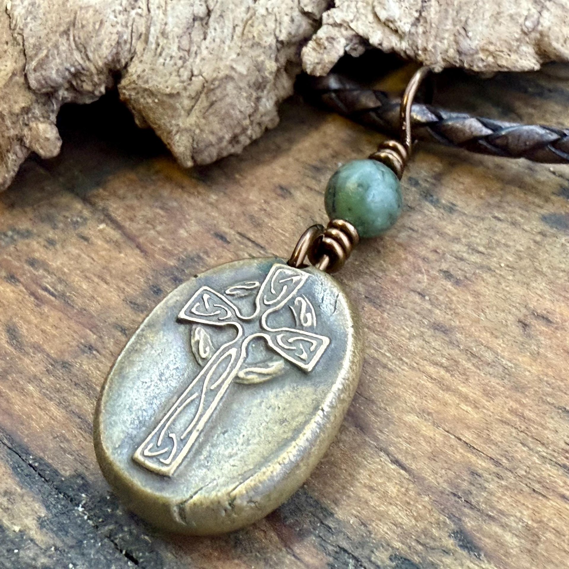 Bronze Celtic Cross, Wax Seal Charm, Connemara Marble, Irish Celtic, Chunky Cross Necklace, Leather Vegan Cord, Ancient Symbols, Talisman