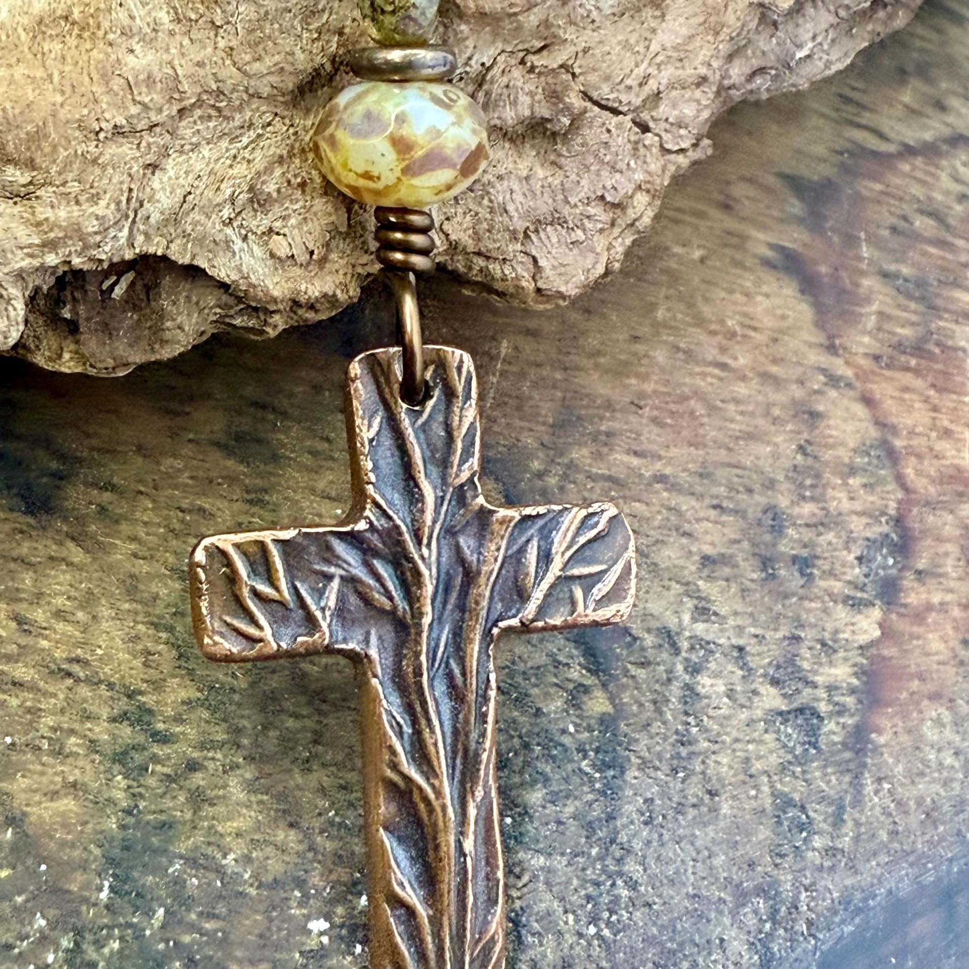 Tree Cross Charm, Copper Pendant, Tree Branches, Czech Glass Beads, Leather & Vegan Cords, Handmade Art Jewelry, Tree of Life, Witchy Things