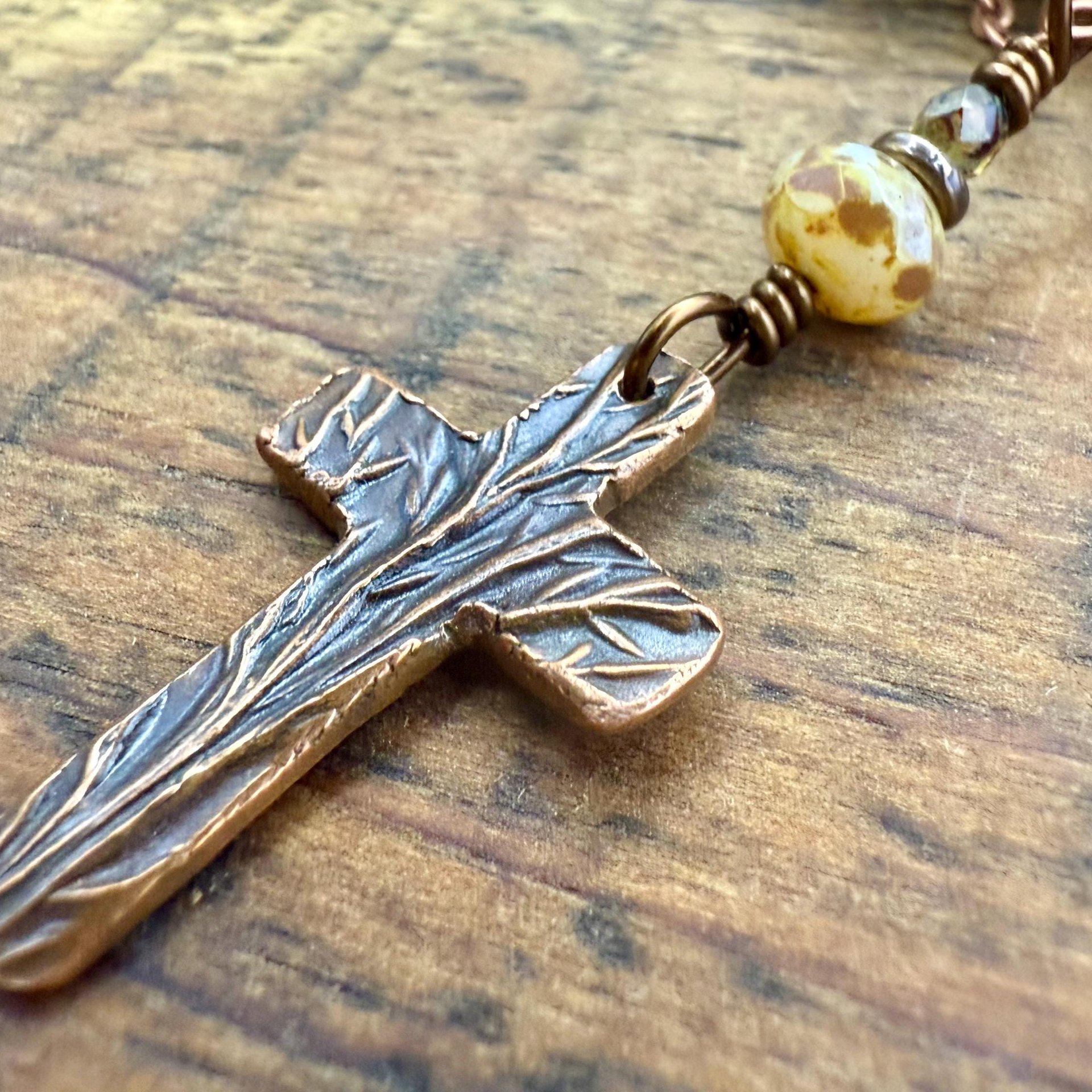 Tree Cross Charm, Copper Pendant, Tree Branches, Czech Glass Beads, Leather & Vegan Cords, Handmade Art Jewelry, Tree of Life, Witchy Things