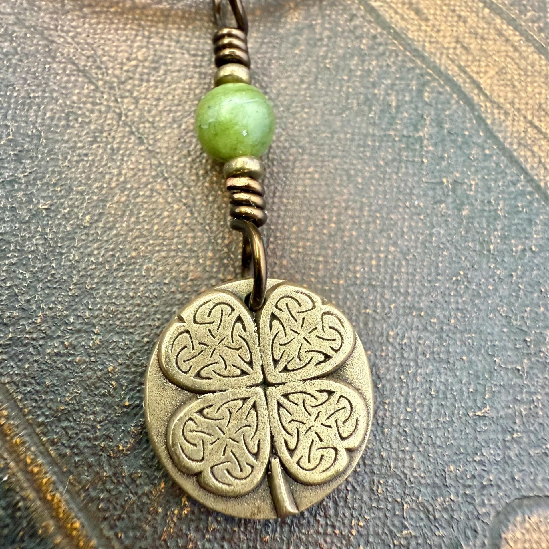 Four Leaf Clover Heart, Bronze Wax Seal Charm, Connemara Marble, Irish Celtic Jewelry, 4 Leaf Clover, Lucky Love Charm, Leather & Vegan Cord