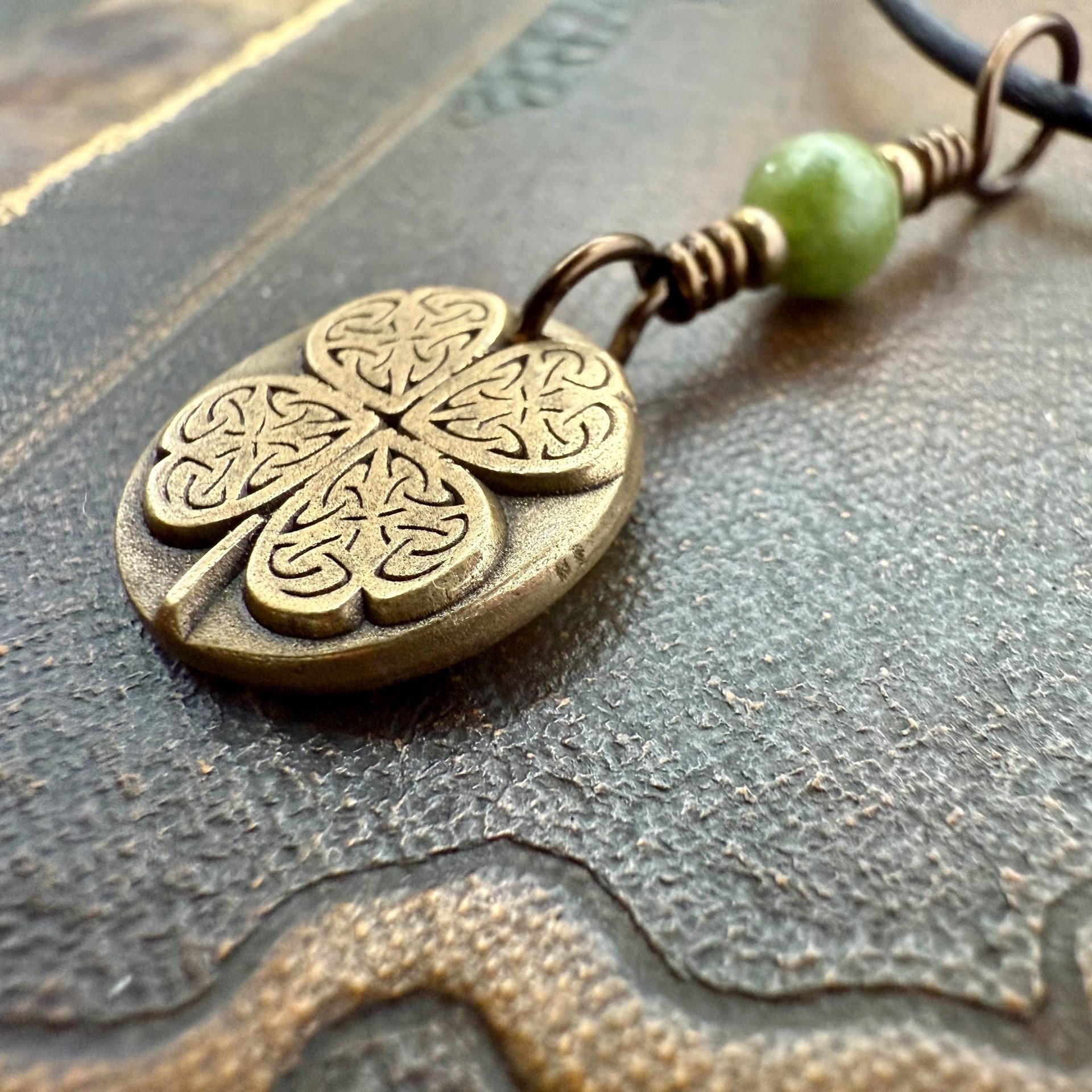 Four Leaf Clover Heart, Bronze Wax Seal Charm, Connemara Marble, Irish Celtic Jewelry, 4 Leaf Clover, Lucky Love Charm, Leather & Vegan Cord